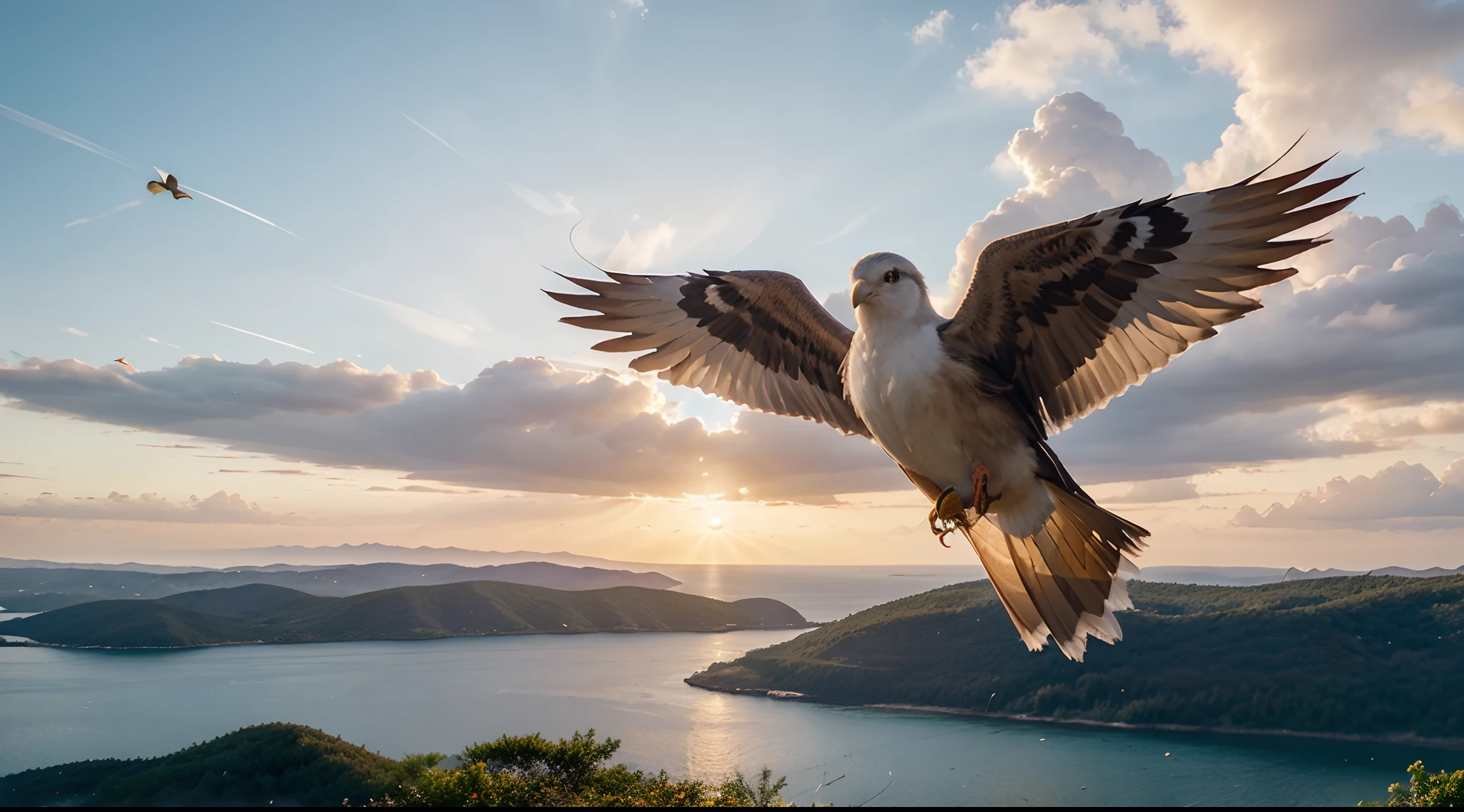 Please create an image representing tranquility and confidence, with a multicolored bird soaring freely in the sky. The scene should depict a gentle and serene sunset on the horizon. The bird should be in full flight, with its wings spread gracefully, gliding through the sky. The colors of the bird should be vibrant and varied, symbolizing the beauty of trust and overcoming anxiety. This image should convey the message of peace and faith, inspired by Matthew 6:31-34.