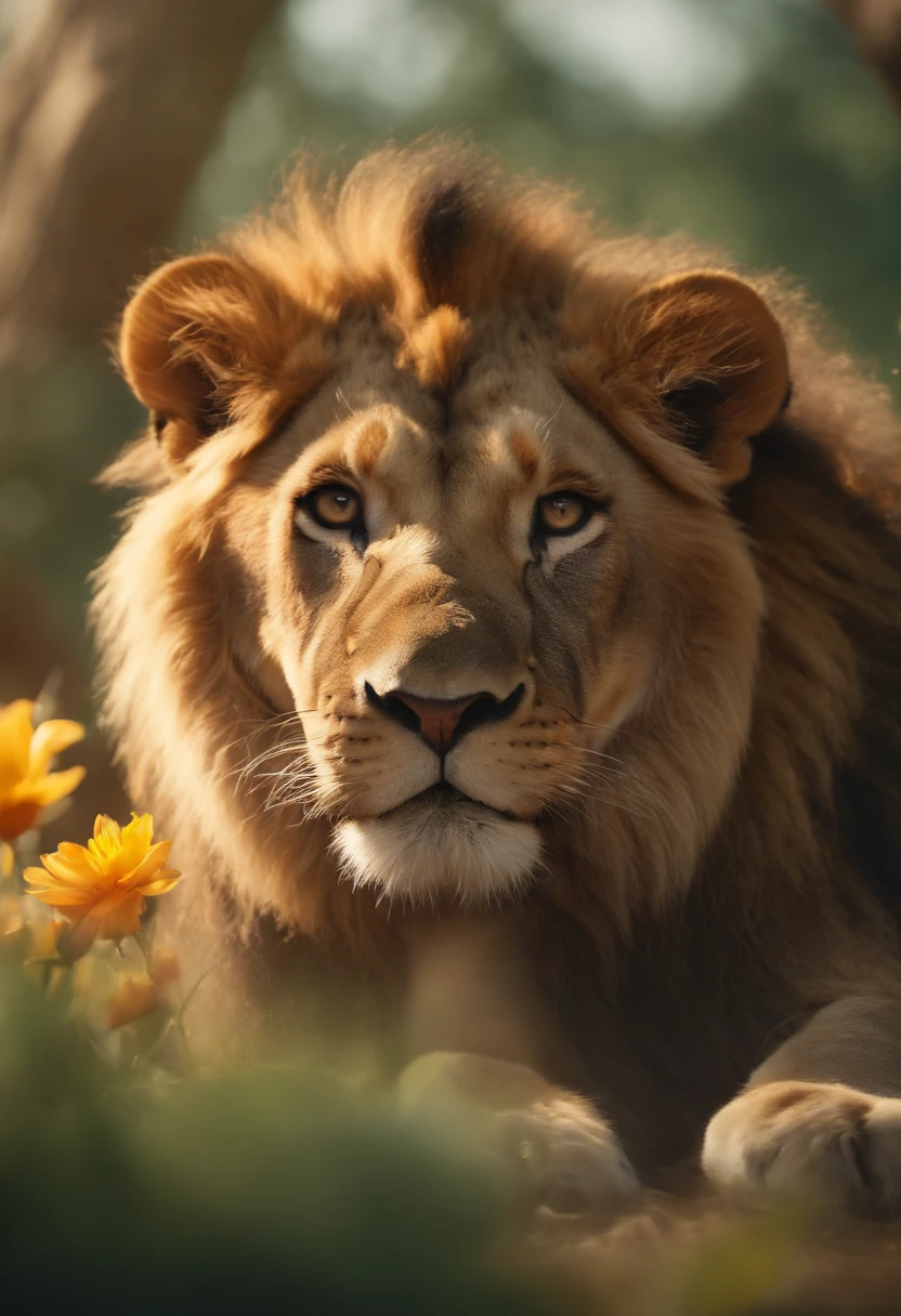(best quality,4k,8k,highres,masterpiece:1.2),ultra-detailed,(realistic,photorealistic,photo-realistic:1.37),Starving lion,cute duck,hugging,Animated image,cartoon,Disney,characters,watercolor-style:1.1,vibrant colors,bright lighting,emotive expressions,playful,whimsical scenery,nature background,comic-style lines,expressive brushstrokes,fun and lively atmosphere,lush garden,joyful energy,magical ambiance.