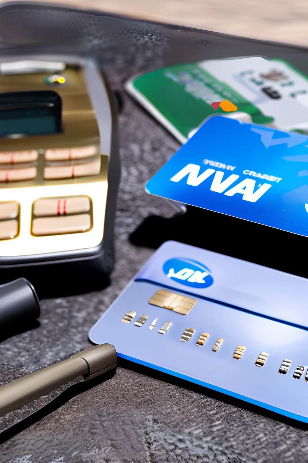 A credit card machine from a sub-acquirer, On top of a table and in the background a car dealership