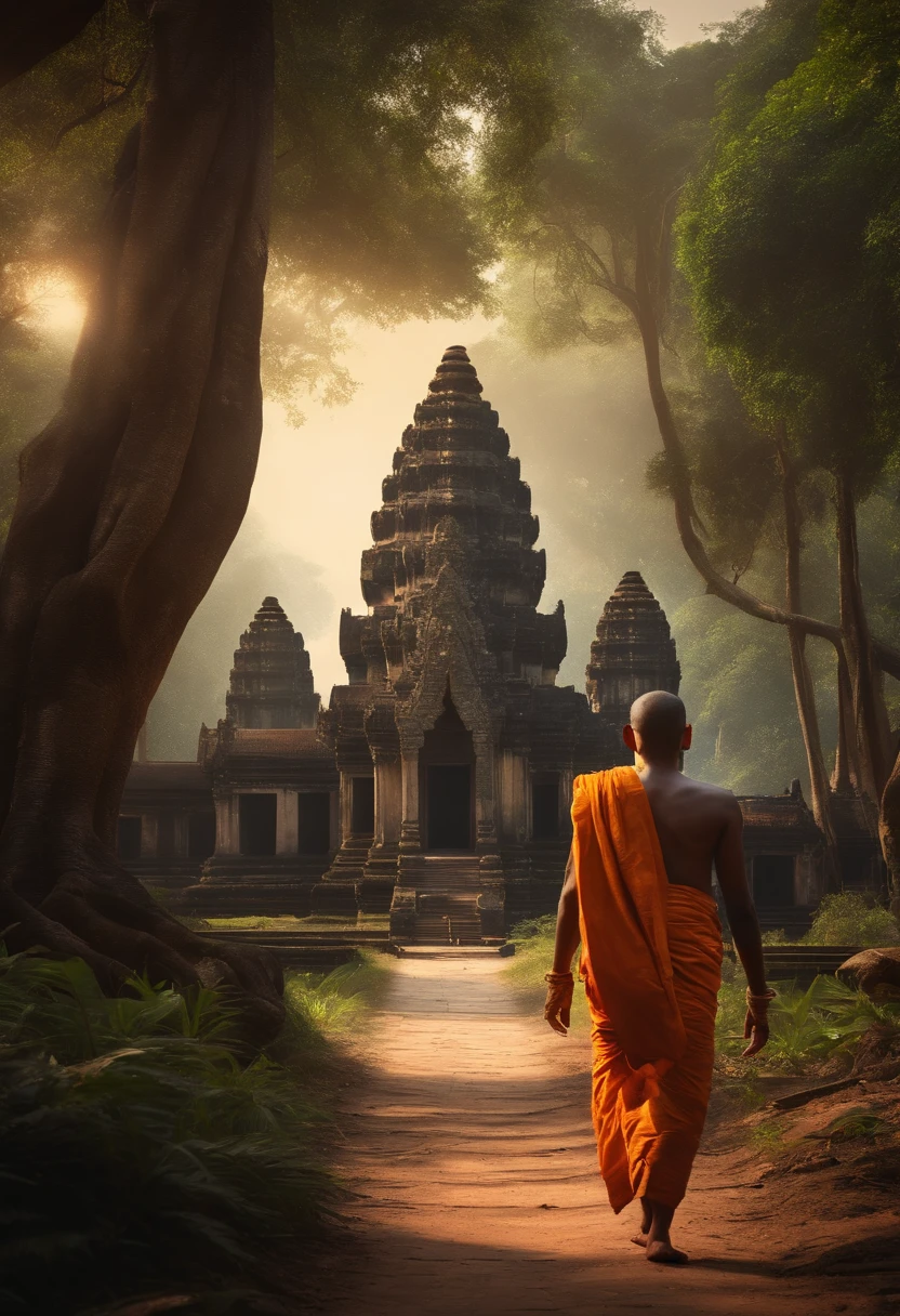 Wide view of a young monk man walking with his back to a jungle with of ancient angkor Wat temples, statues of budha , Shiva, Ganesh, cinematic light, realistic, Frank Frazetta Style,