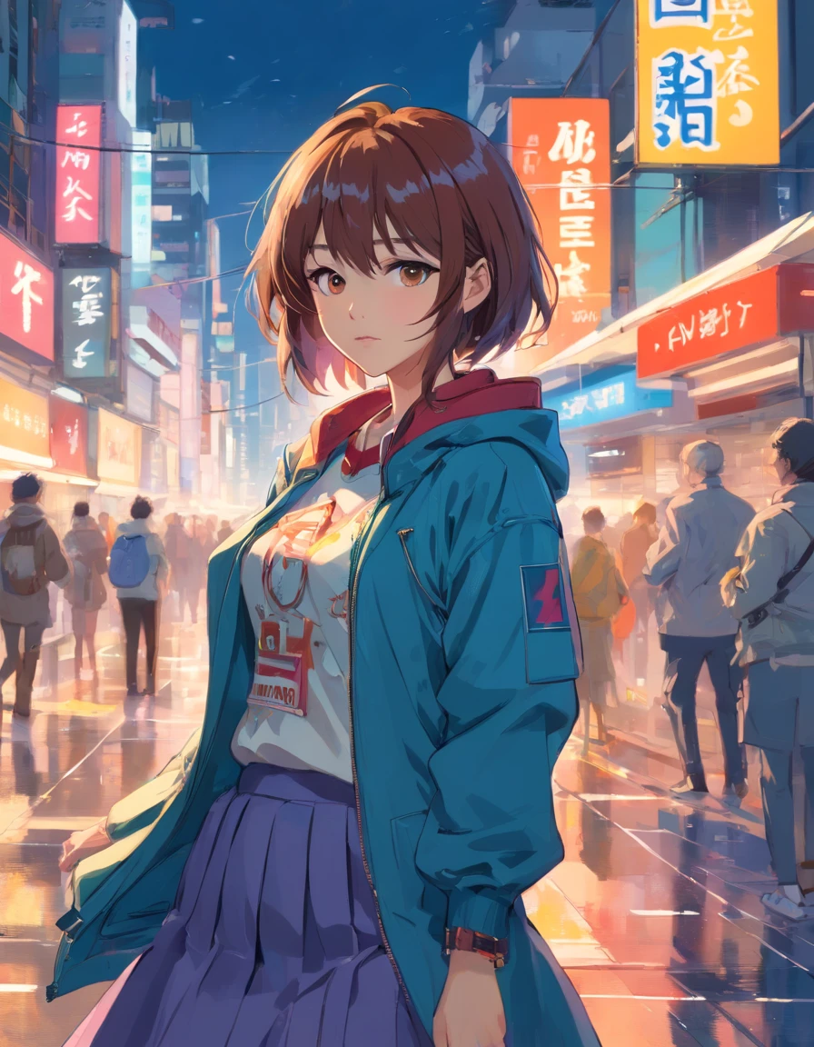 (masterpiece, best quality), best resolution, (3heads:1.5), 1girl, brown hair, blue eyes, raincoat, walking, rainy night, urban street