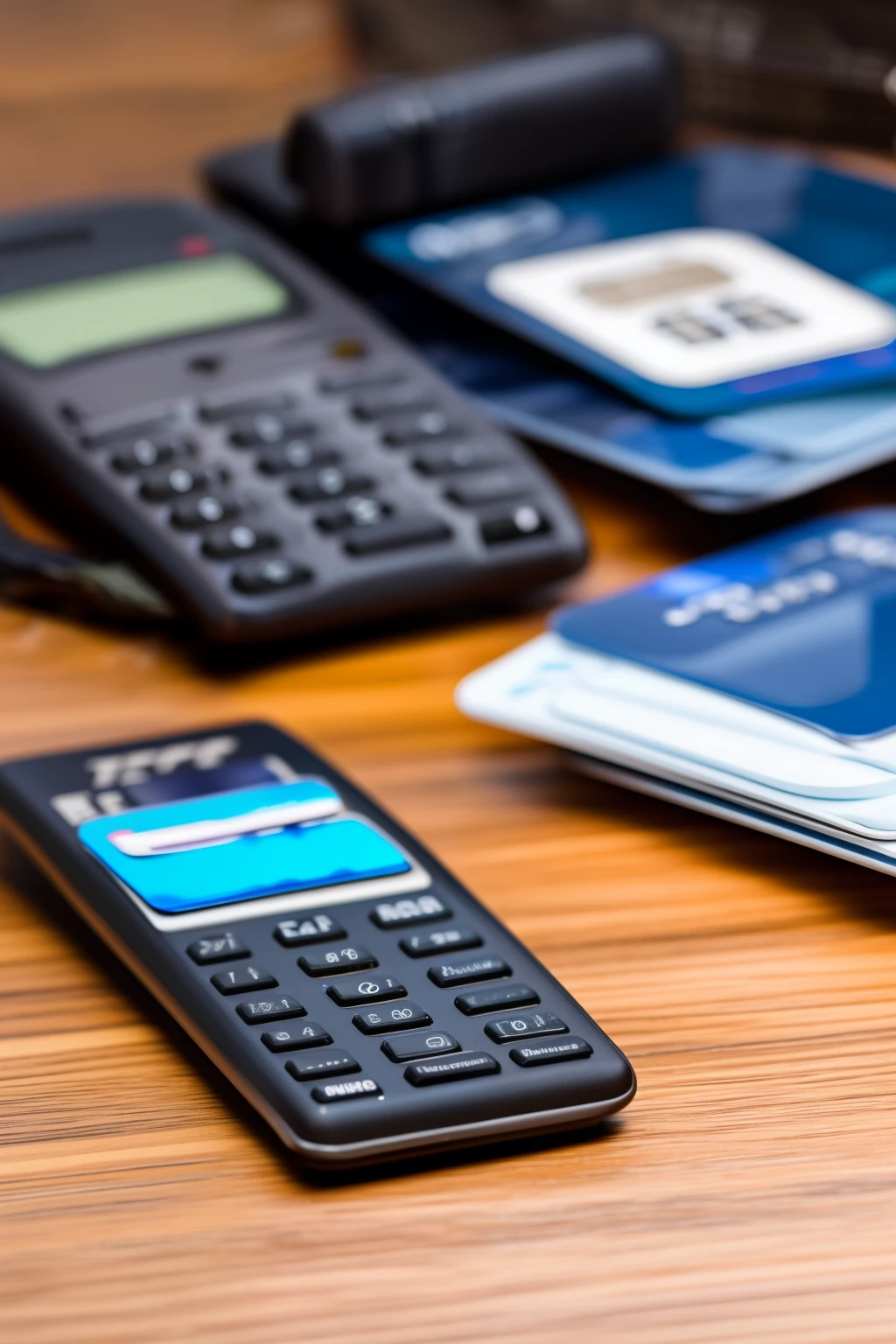 A credit card machine from a sub-acquirer, On top of a table and in the background a car dealership