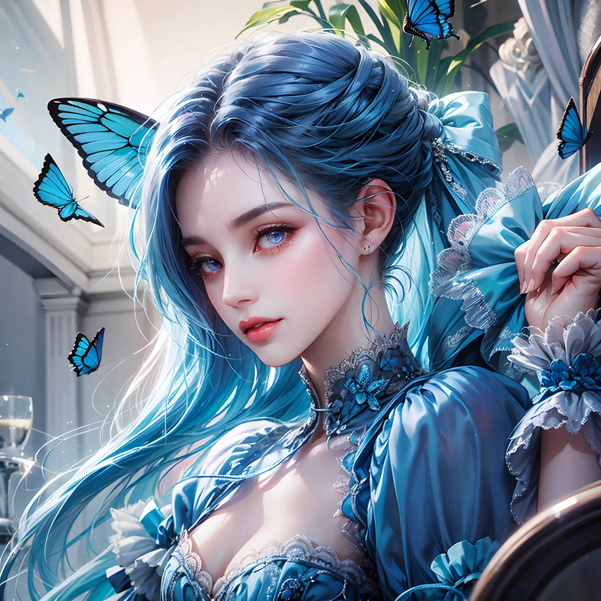 a women, blue butterfly, blue hair, pink eyes, blue dress