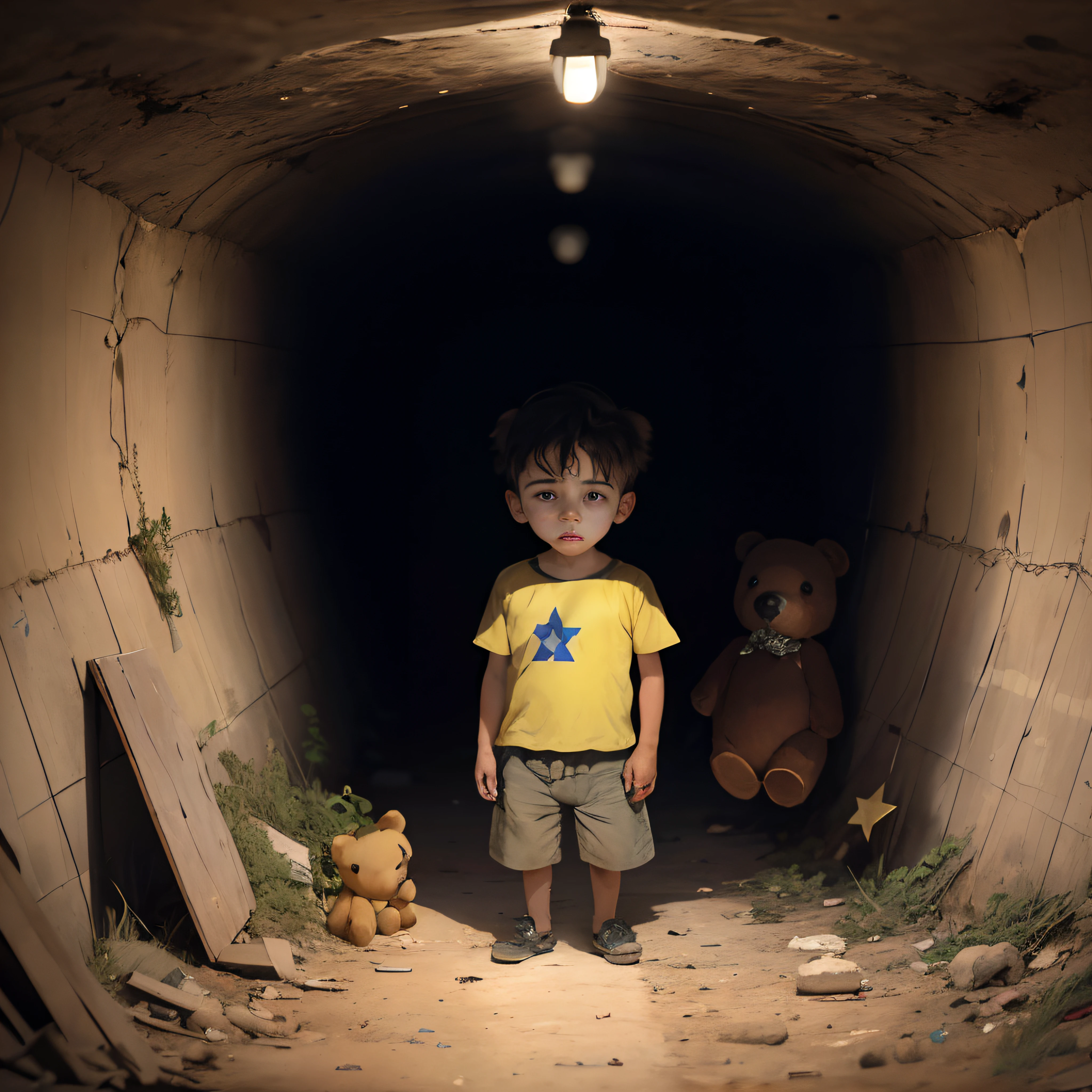 sad with a little bear doll in his hand. with yellow star of david patch in his shirt stand in a tunnel middle of a war scenario. Israeli flag on the ground.