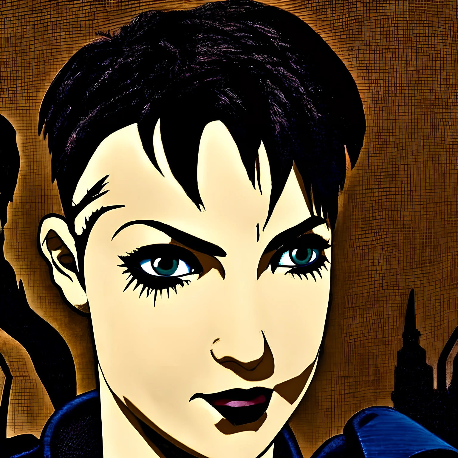 Female General. Short black hair. Pixie cut. Brown eyes. Dark fantasy. Gothic.