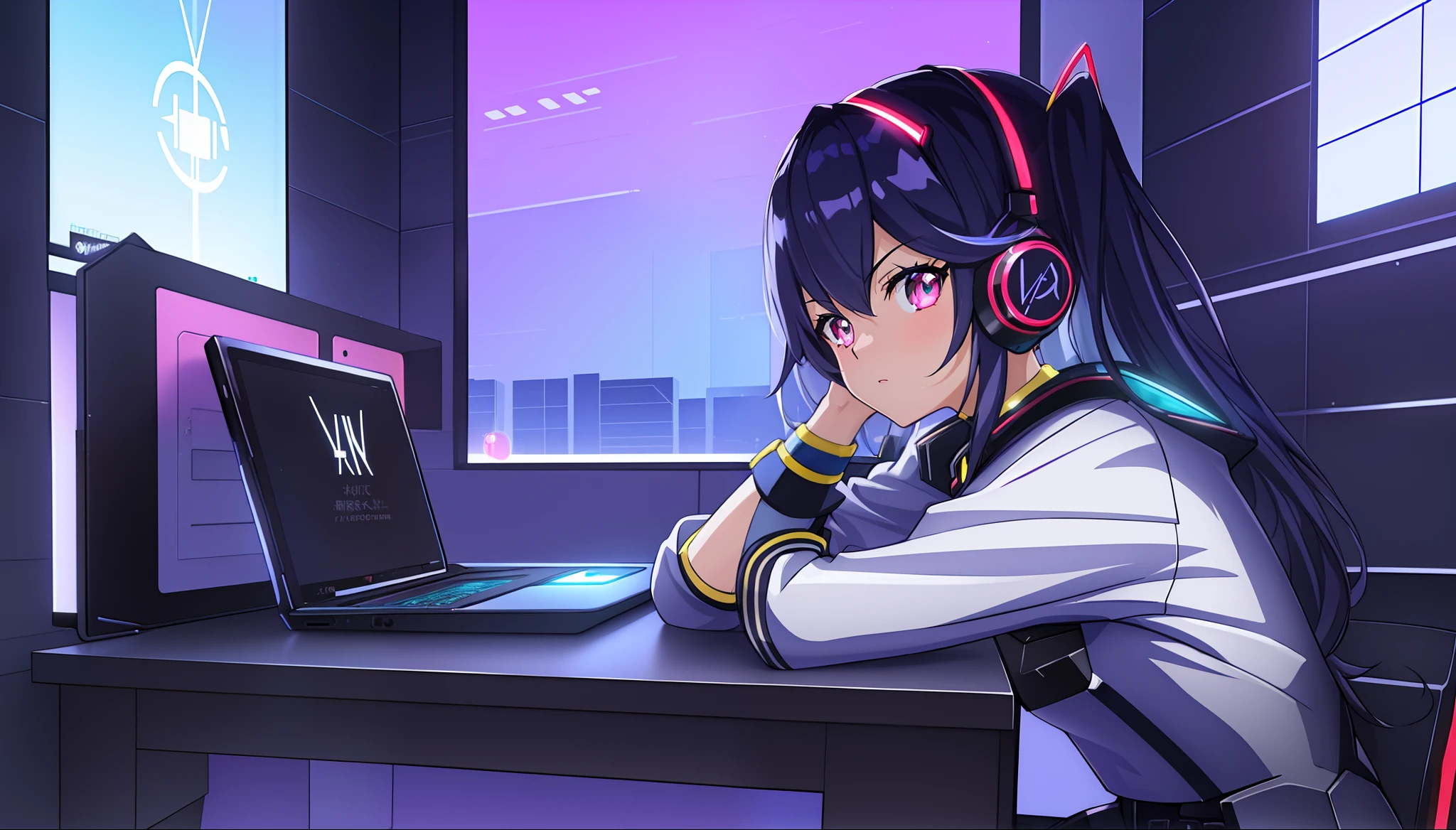 anime sentada em uma mesa com fones de ouvido e um laptop, Estilo anime 4K, menina Estilo anime. 8k, ((Retrato de Lofi)), ((Elogio Artstyle)), anime vibes, Digital anime illustration, Anime Art Wallpaper 8K, Anime Art Wallpaper 4K, Anime Art Wallpaper 4K, 4k anime wallpapers, 4k anime wallpapers, ((Arte Lofi)), Anime character with futuristic armor and glowing eyes in a futuristic setting, android heroine, menina em meber armor, Arte Oficial, anime manga robot!! menina anime, (kilill illustration), Arte Oficial altamente detalhada, scarab reploid, ((anime robotic mixed with organic)),