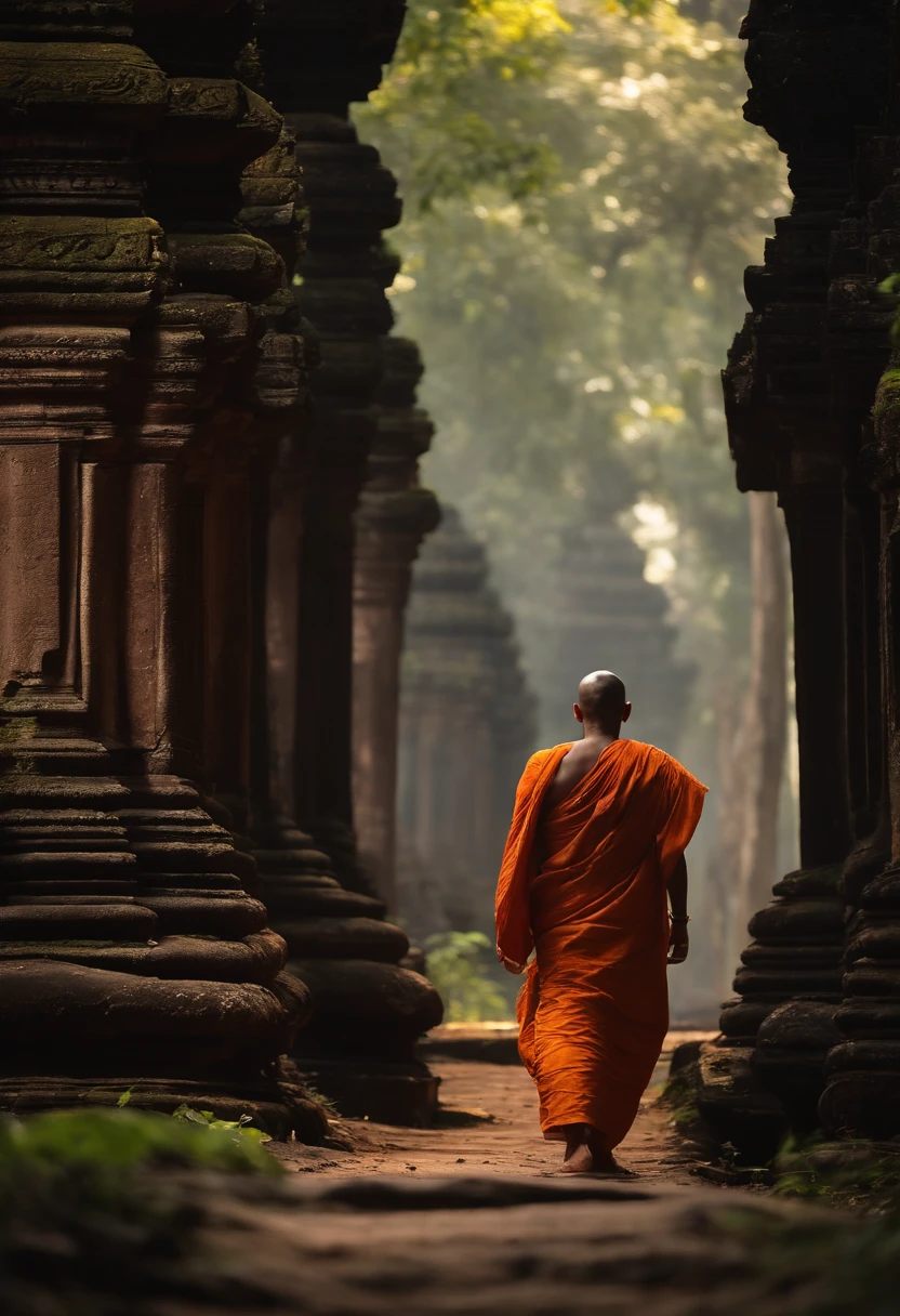 Wide view of a young monk man  walking with his back to a jungle with  of ancient  angkor Wat temples, statues of budha , Shiva, Ganesh, cinematic light, realistic, Frank Frazetta Style,