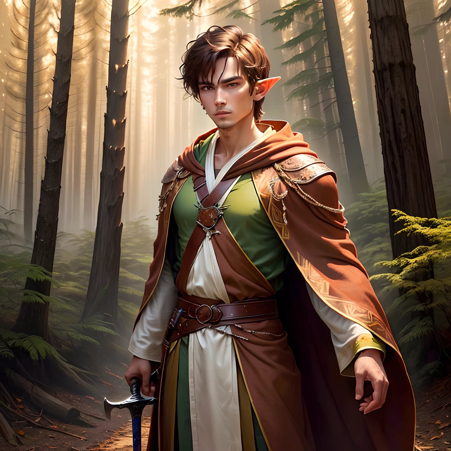 elf man with short brown hair in a brown robe with a sword, autumn themed robe, wooden bark robe, redwood forest themed robe, robe made of bark