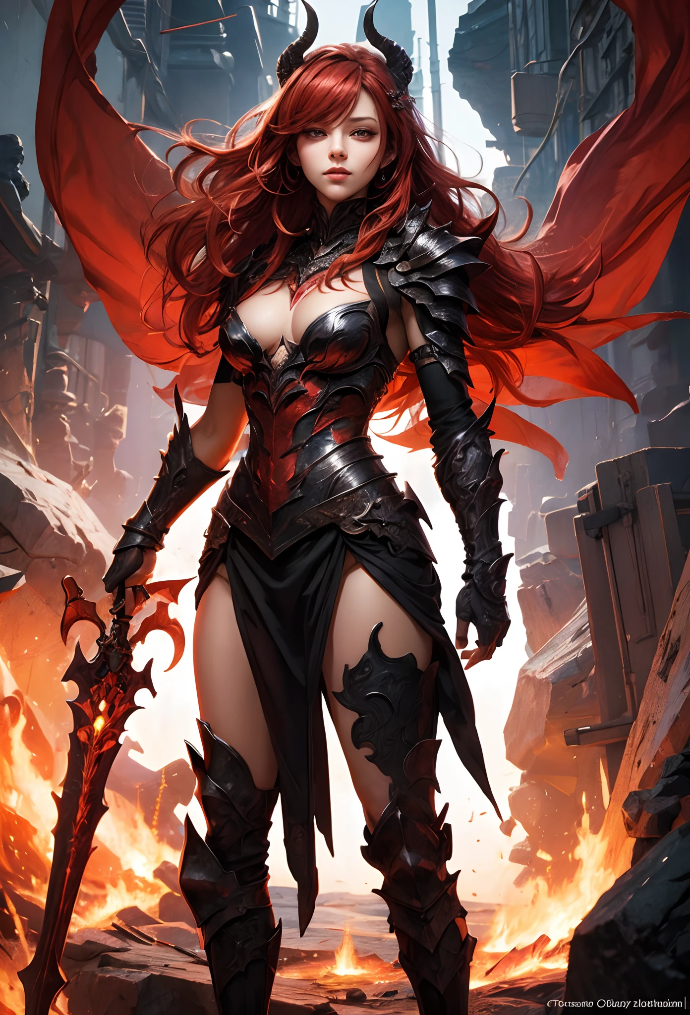 (Detailed illustrations,Very detailed and detailed drawing,Delicate lines with slow and rapid,Realistic texture expression),[Color tressed main line],[Lava cave background [Hot hell:0.4]],HENAI ANIME (Red-skinned DemonGirl 19 years old slender muscular) Flame hair (Devil's Knight:0.8),(Bone armor [crack in the chest:0.6] [Blade of Fresh Blood:0.4]) (edg),[[Dark Fantasy]],(Intricate and beautiful decoration [Dense detail]),(Fine and beautiful skin expression [Transparency]),[Perfect eye details (Iris beautifully drawn in every detail)[Jewel-like eyes]],[long and beautiful eyelashes],[Meticulously drawn hair [More on beautiful and shiny hair]],(Perfect hand details [Beautiful fingers without breakdowns [Beautiful nails]]),(Perfect Anatomy (Perfectly proportioned)) [[Full body like]],[Ideal color coordination(Accurate simulation of light-material interactions)],(HighQuality,[Precision Detail] hight resolution,(detaileds,high-detail)),[Visual art that conveys a sense of narrative].
