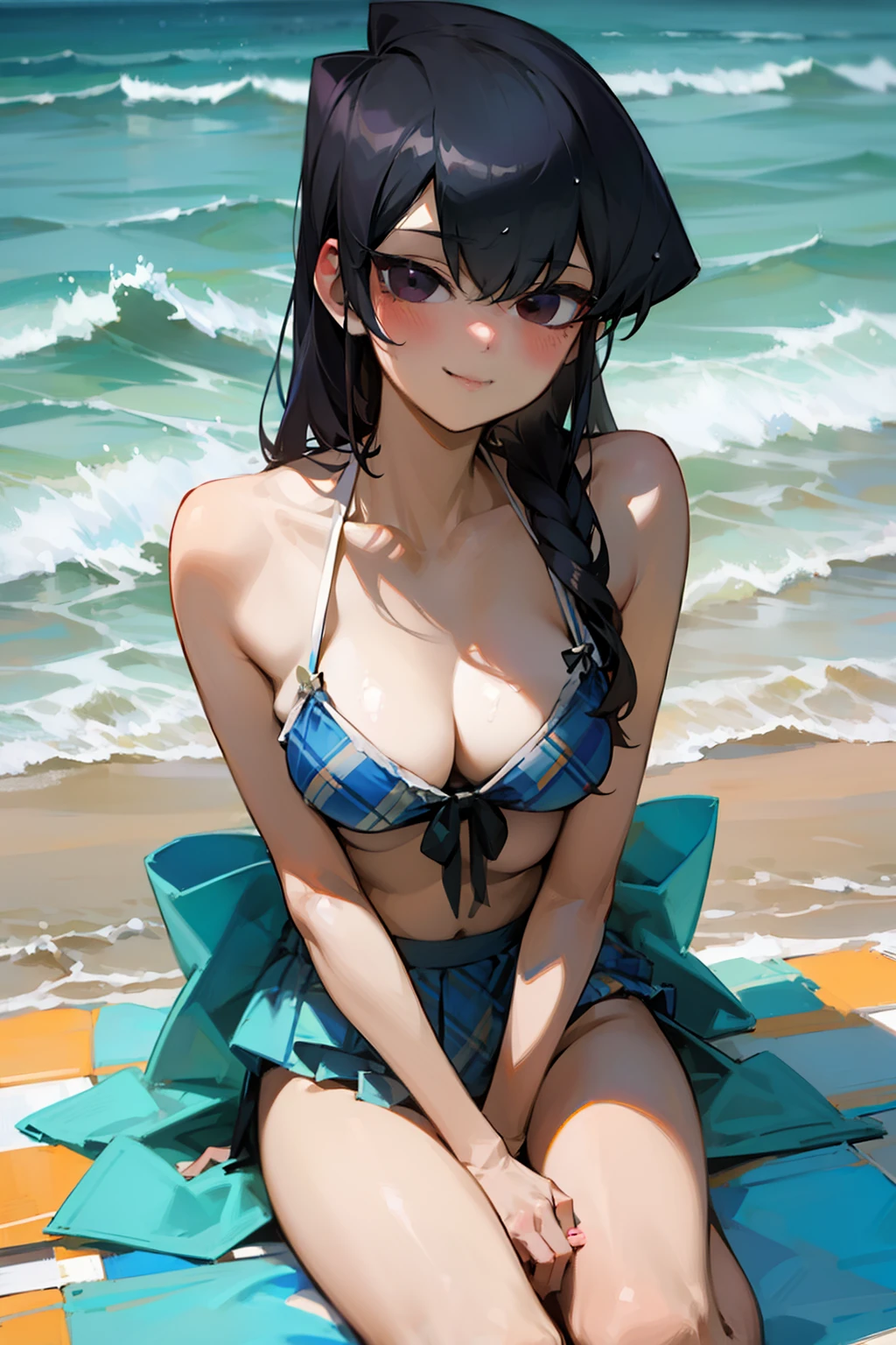 (komishuuko),beautiful,masterpiece, best quality, extremely detailed face,beach,medium breasts,outdoors,sunny,looking at viewer, 1 girl, shy smile, bikini