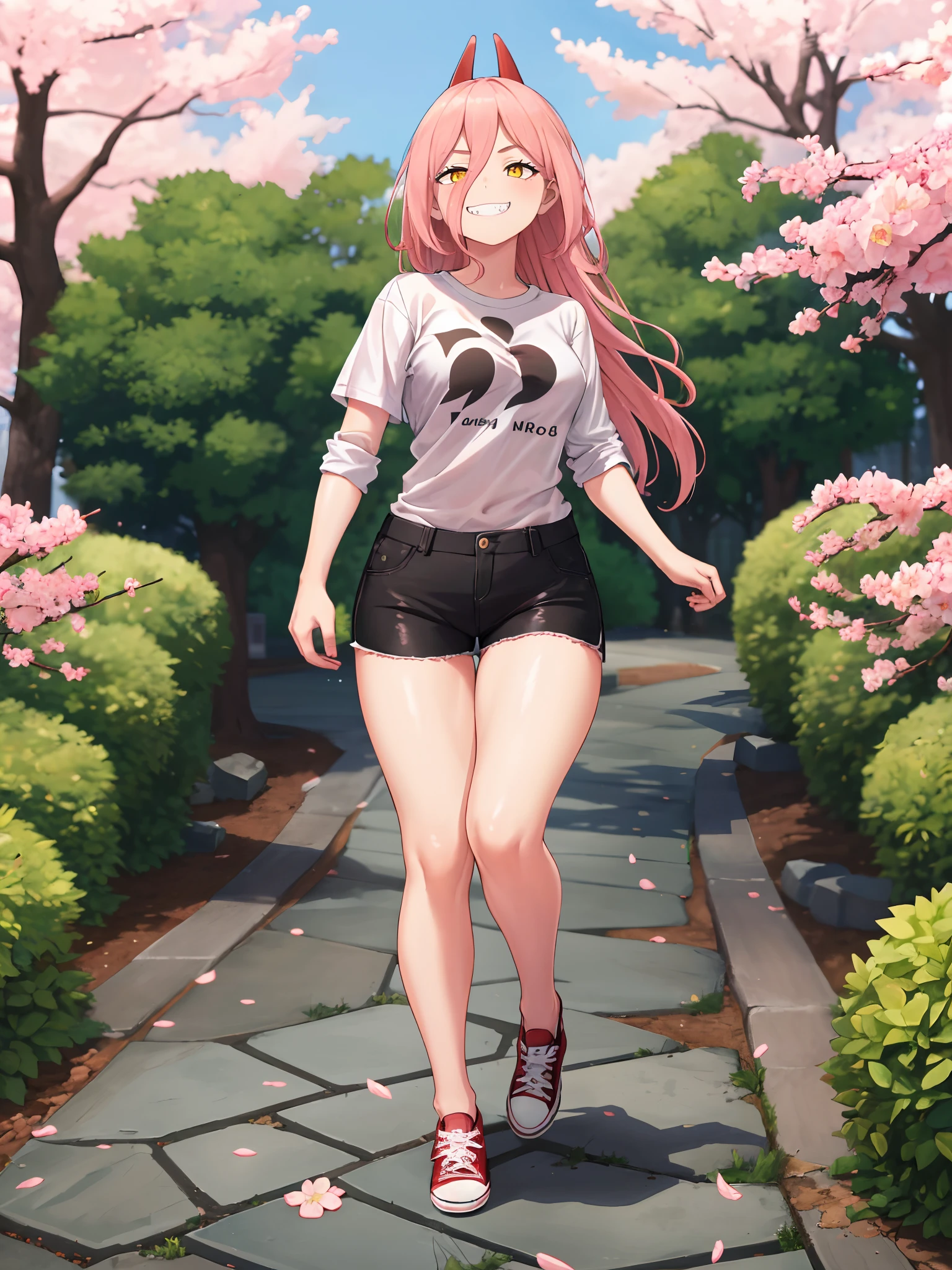 1girl, wearing white shirt, black shorts, red converse shoes, grinning, yellow eyes, sharp teeth, walking down a stone path, in a cherry blossom park, high quality, high resolution