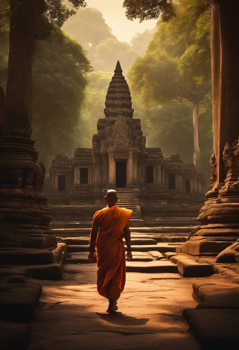 Wide view of a young monk man walking with his back to a jungle with of ancient angkor Wat temples, statues of budha , Shiva, Ganesh, cinematic light, realistic, Frank Frazetta Style,