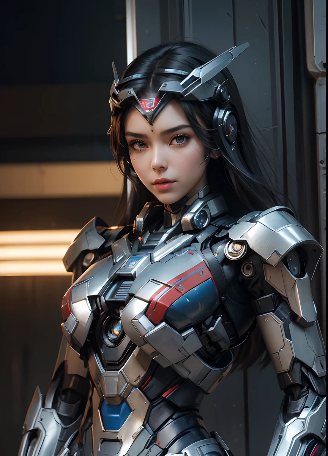 Textured skin, Super Detail, high details, High quality, Best Quality, hight resolution, 1080p, hard disk, Beautiful,(Iron Patriot),(head gear),(full bodyesbian),beautiful cyborg woman,Mecha Cyborg Girl,Battle Mode,Girl with a Mecha Body,She wears a futuristic Iron Patriot mech,Fulll body Shot