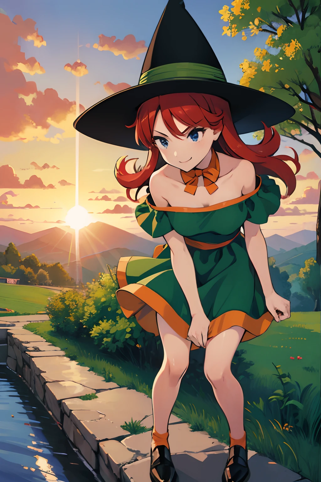 1girl in、hight resolution、​masterpiece、Maribel, Red hair、Short sleeves、Smile、Mage \(DQ3\)、a miniskirt、Witch Hat、off shoulders、Green dress、skinny thigh