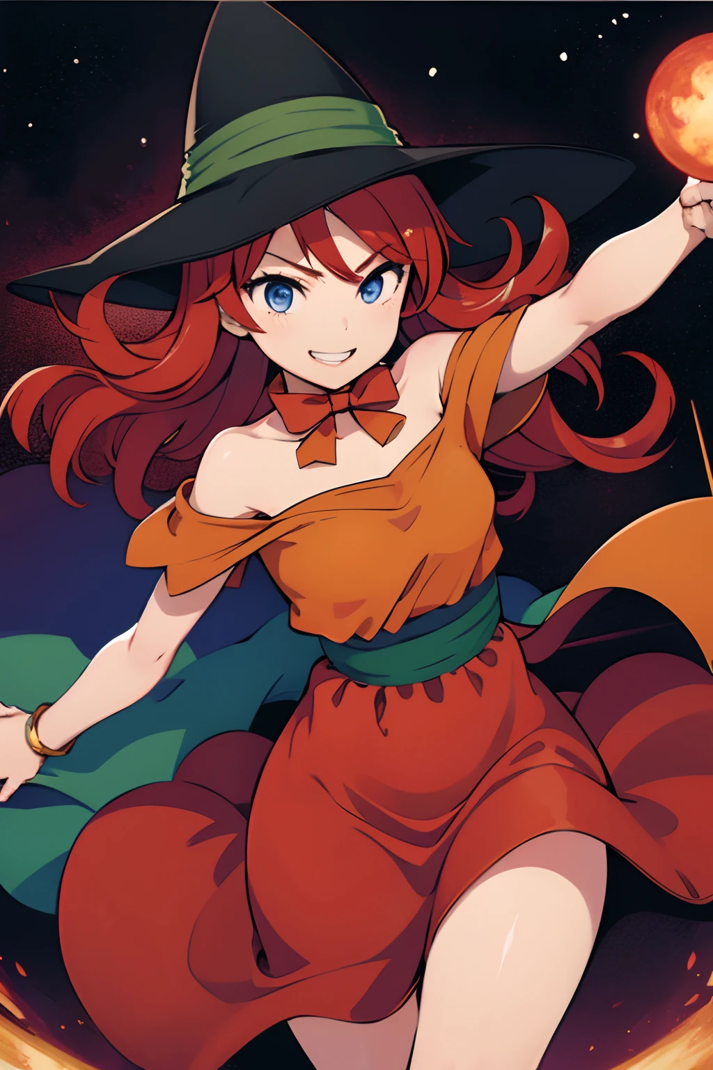 1girl in、hight resolution、​masterpiece、Maribel, Red hair、Short sleeves、Smile、Mage \(DQ3\)、a miniskirt、Witch Hat、off shoulders、dress with gold decoration、skinny thigh