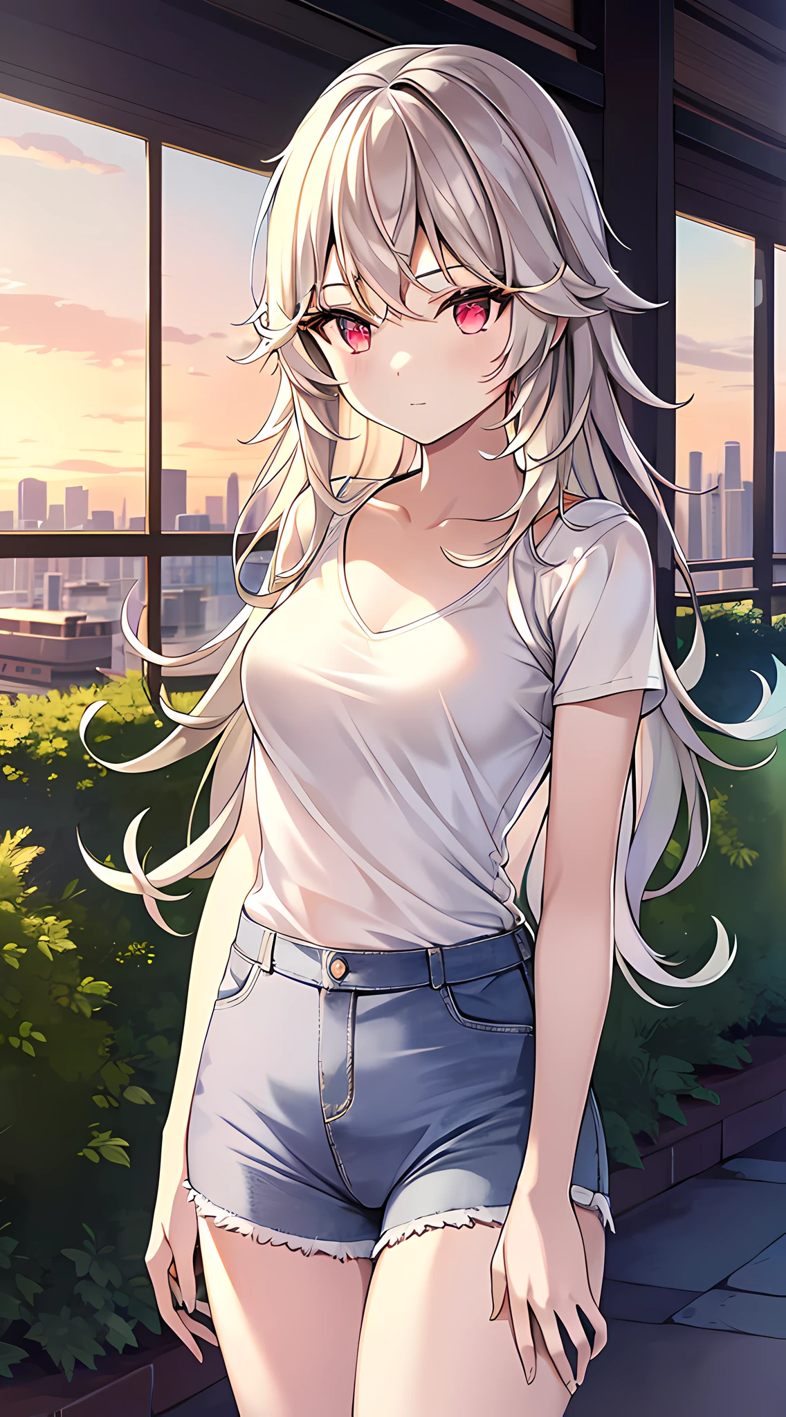 eirudy_\(springwitch3\), masterpiece,1girl, wearing plain white shirt, denim shorts, city, absurdres, high res, ultrasharp, 8K, masterpiece, looking at viewer,