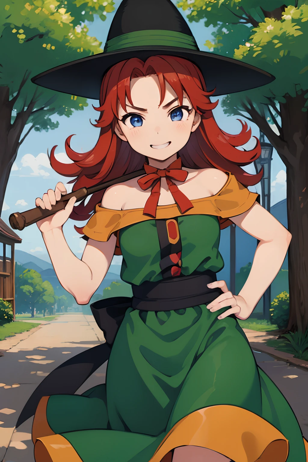 1girl in、hight resolution、​masterpiece、Maribel, Red hair、Short sleeves、Smile、Mage \(DQ3\)、a miniskirt、Witch Hat、off shoulders、Dress with gold decoration