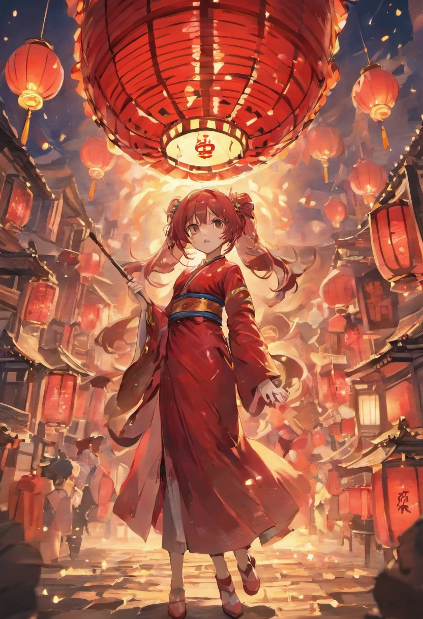 Mid-Autumn Festival,celebrating,A series of red lanterns,A lot of people who play drums,Clear detail