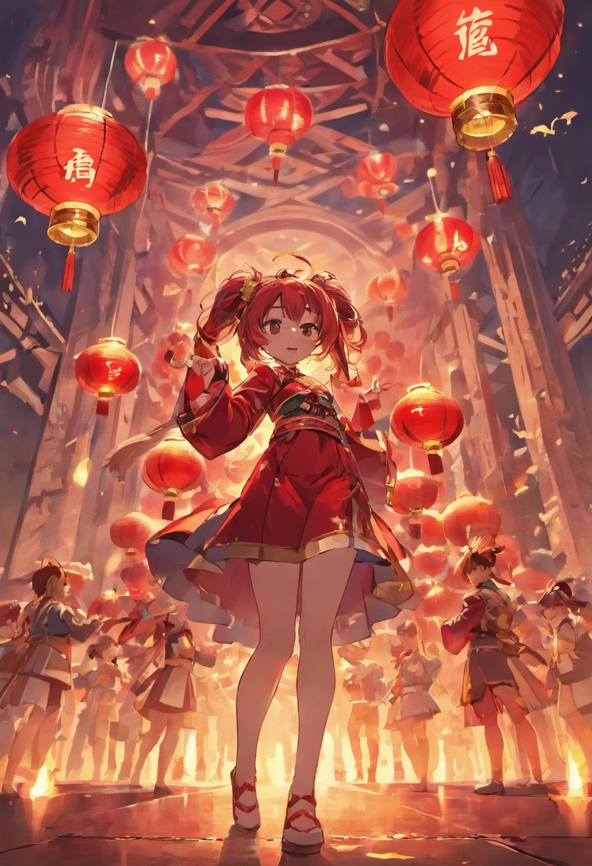 Mid-Autumn Festival,celebrating,A series of red lanterns,A lot of people who play drums,Clear detail