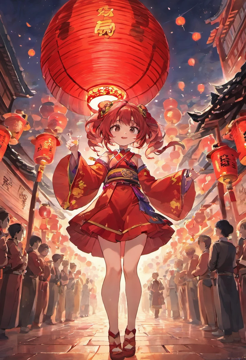 Mid-Autumn Festival,celebrating,A series of red lanterns,A lot of people who play drums,Clear detail