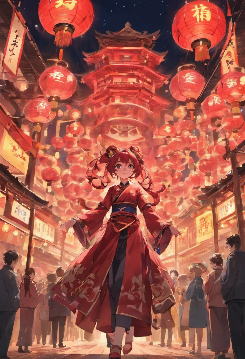 Mid-Autumn Festival,celebrating,A series of red lanterns,A lot of people who play drums,Clear detail