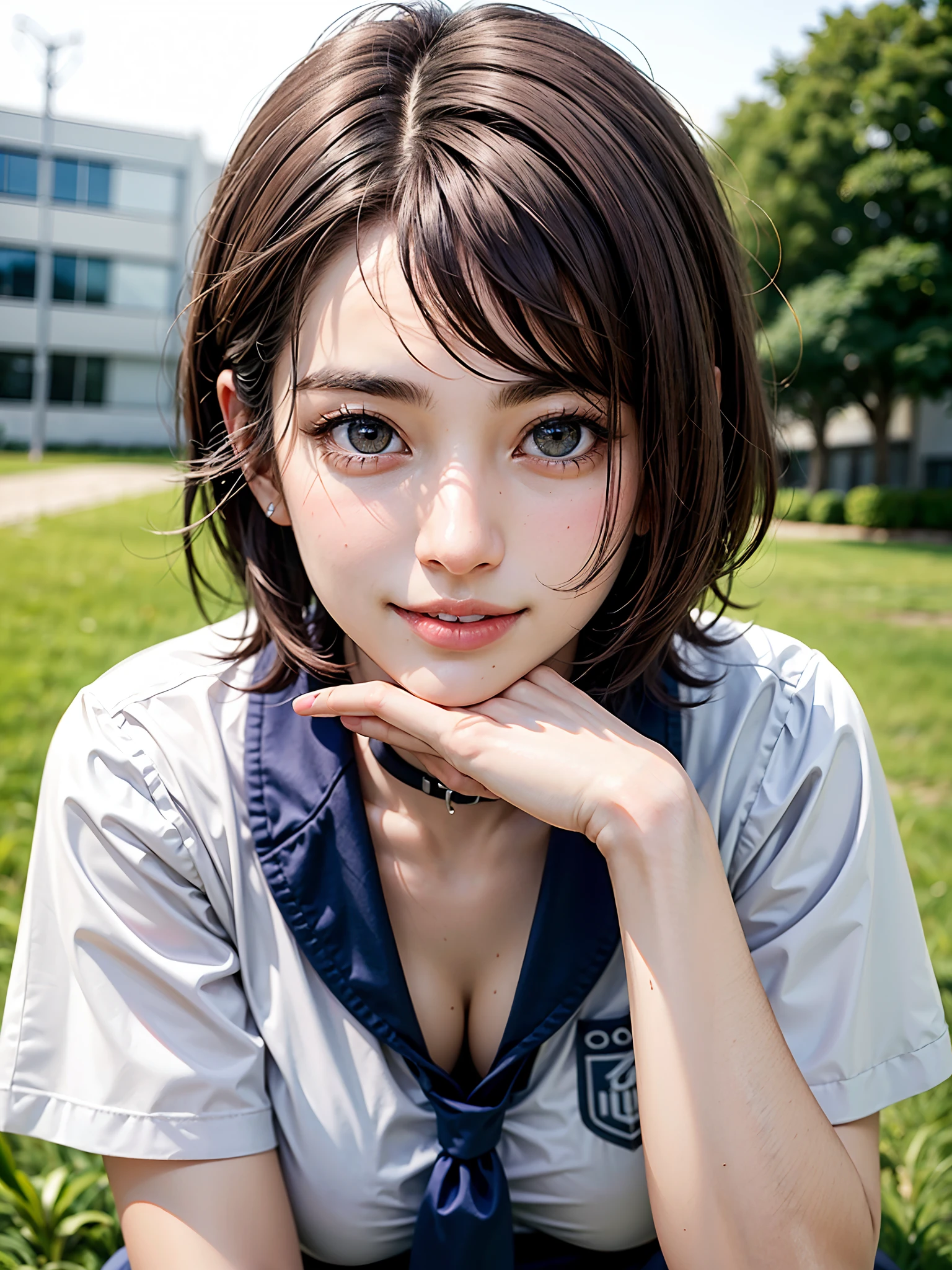 (Face Focus、Foot focus、Breast Focus、Thigh Focus、Perfect Anatomy:1.6、masutepiece:1.4、Perfect body shape:1.4、Perfect Anatomy、top-quality、Top image quality、Ideal ratio body proportions:1.4、Beautiful and cute woman full of charm with a cute smile、Beautiful teeth、A charming smile:1.4、Look firmly at the camera、{Gigantic|Big|Huge|Mega} breasts, Beautiful cleavage), (Raw photo:1.2), (Photorealistic、hyper realisitic:1.4), a beautiful detailed girl, extremely detailed eye and face, beatiful detailed eyes, Ridiculous, unbelievable Ridiculous, ultra-detailliert, hight resolution, ighly detailed, ((Japan Girls' High School Uniform、School uniform、White shirt with collar、Secretary)), ighly detailed, 8k wallpaper, magnifica, finely detail, hight resolution, Super high quality uniforms, Light on the Face、电影灯光、a 18 year old girl、((panties on))、((dynamicposes)))、(School Grounds:1.4)、(attractive legs)、(Sit on your legs with your knees bent))、short shiny hair、short shiny hair:1.4、long neck、Put your ears out、asymmetrical bangs:1.4、bangss:1.4、big eye、Lashes、cute little、a very cute、very extremely beautiful