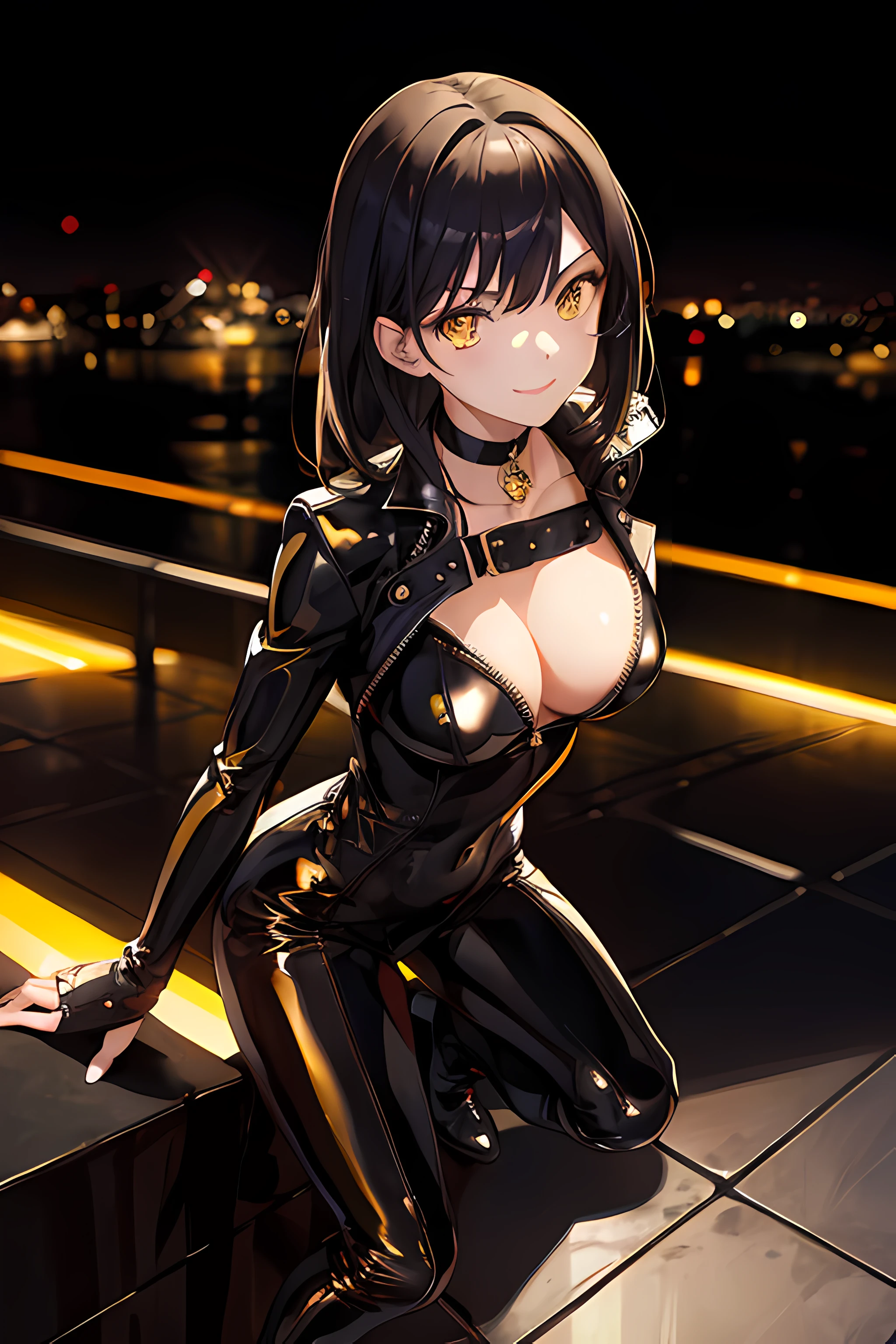 (masterpiece), best quality, expressive eyes, perfect face, 1 girl, black hair, yellow eyes, (black leather body suit), leather, boots, smile, choker, plain background, night, night time, dark, city