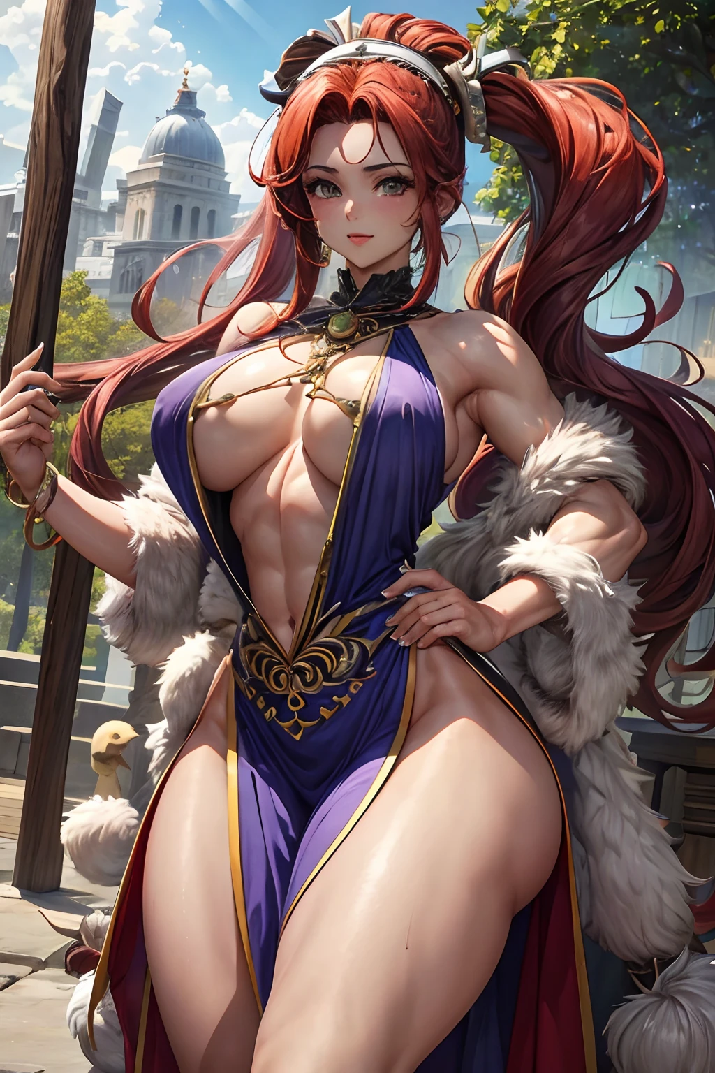 La mejor calidad, Obra maestra:1.2, Ultra detallado, realista:1.37, Altas Resoluciones, chica pelirroja, Ropa ligera y ajustada, tetas grandes, queen amazona