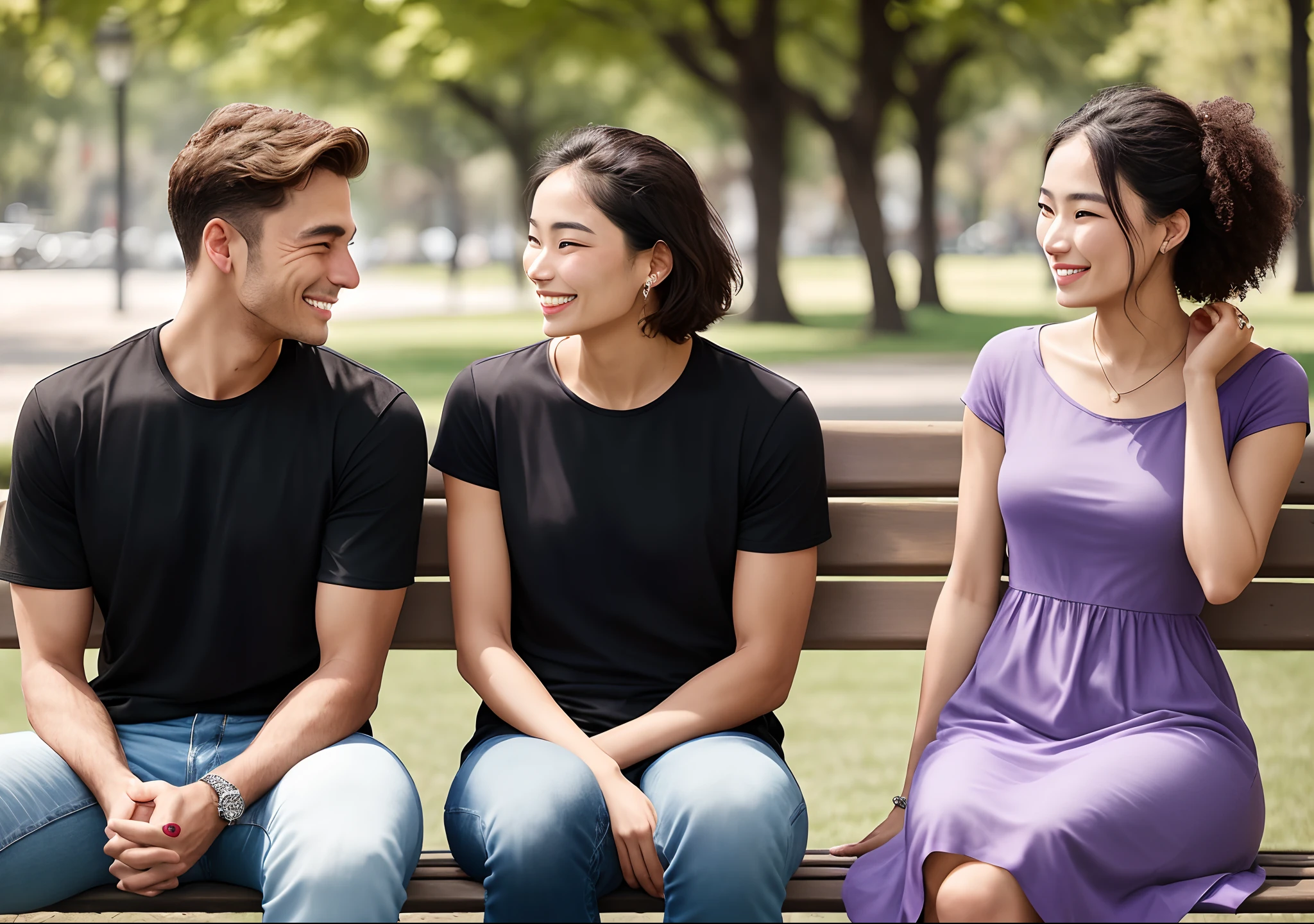 a man wearing a black t-shirt and light brown jean and girl wearing a puple color frock.they sitting on the bench and they talking with beautiful smile