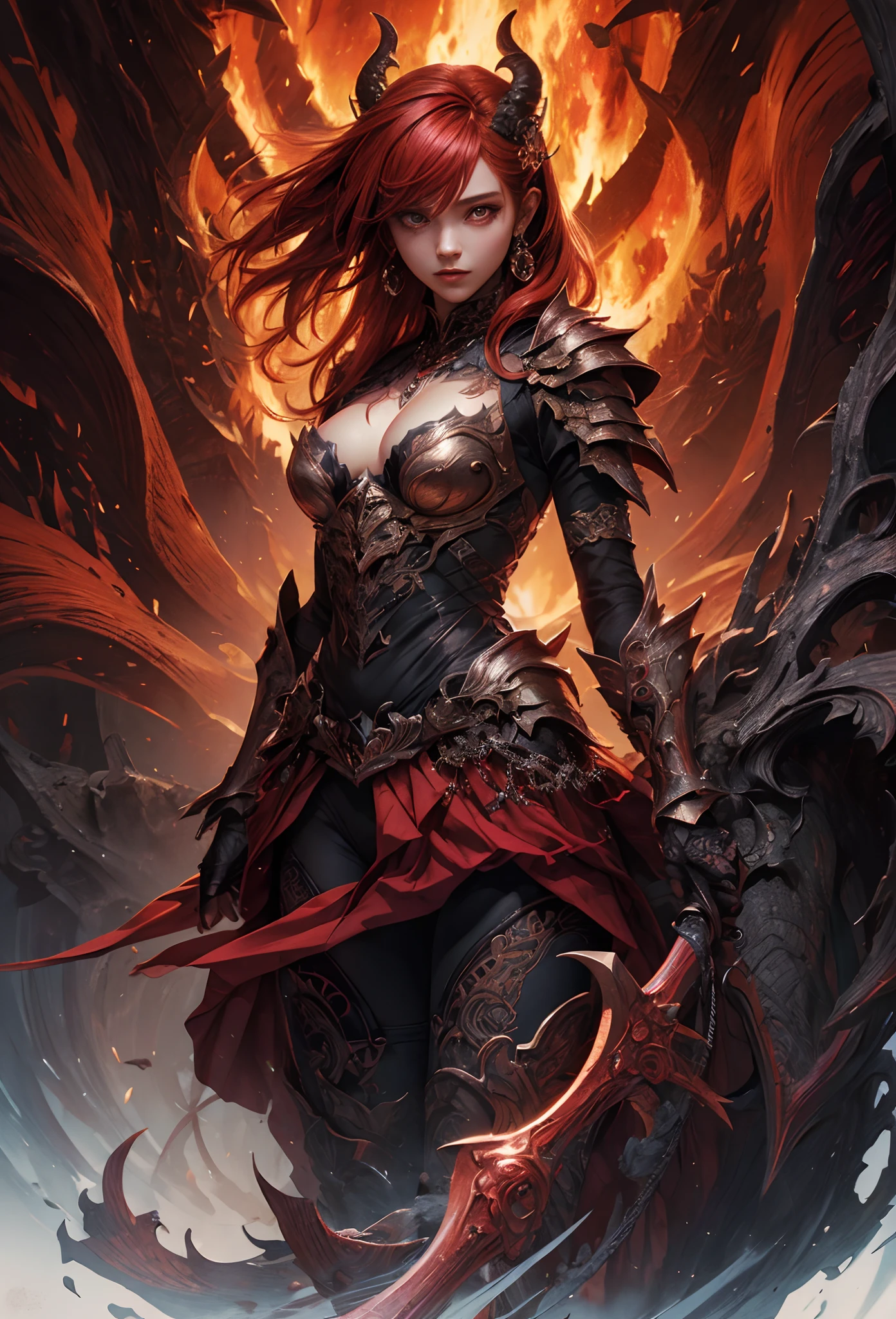 (Detailed illustrations,Very detailed and detailed drawing,Delicate lines with slow and rapid,Realistic texture expression),[Color tressed main line],[Lava cave background [Hot hell:0.4]],HENAI ANIME (Red-skinned DemonGirl 19 years old slender muscular) Flame hair (Devil's Knight:0.8),(Bone armor [crack in the chest:0.6] [Blade of Fresh Blood:0.4]) (edg),[[Dark Fantasy]],(Intricate and beautiful decoration [Dense detail]),(Fine and beautiful skin expression [Transparency]),[Perfect eye details (Iris beautifully drawn in every detail)[Jewel-like eyes]],[long and beautiful eyelashes],[Meticulously drawn hair [More on beautiful and shiny hair]],(Perfect hand details [Beautiful fingers without breakdowns [Beautiful nails]]),(Perfect Anatomy (Perfectly proportioned)) [[Full body like]],[Ideal color coordination(Accurate simulation of light-material interactions)],(HighQuality,[Precision Detail] hight resolution,(detaileds,high-detail)),[Visual art that conveys a sense of narrative].