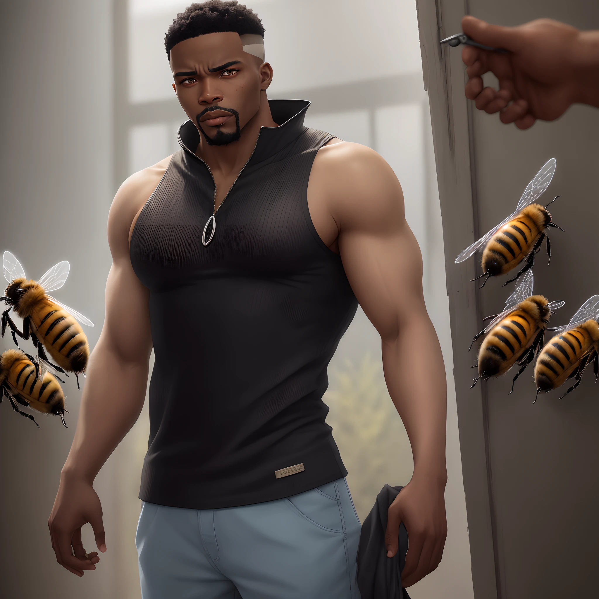 A tall African-American man with a deep voice. He has a charismatic but menacing presence. His right hand is replaced by a sharp, silver hook. He often wears a long, tattered trench coat and underneath, a white ribbed tank top stained with blood. He has a goatee and his hair is styled short. His eyes carry a hauntingly sad yet vengeful look. There’s often a swarm of bees around him or nearby.