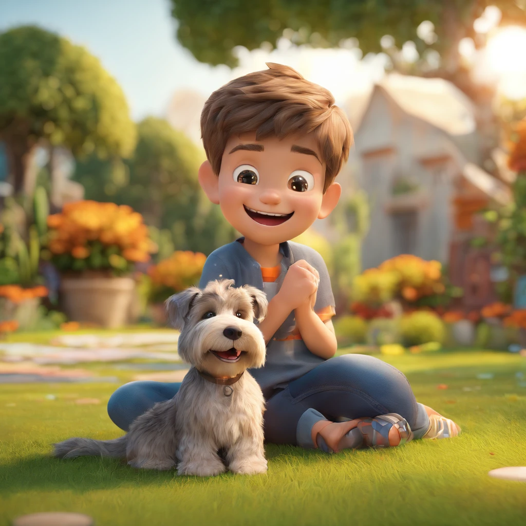 Lucas is a smiling 5-year-old human boy, com seu fiel amigo, Bolt, o cachorro schnauzer, deitados no jardim