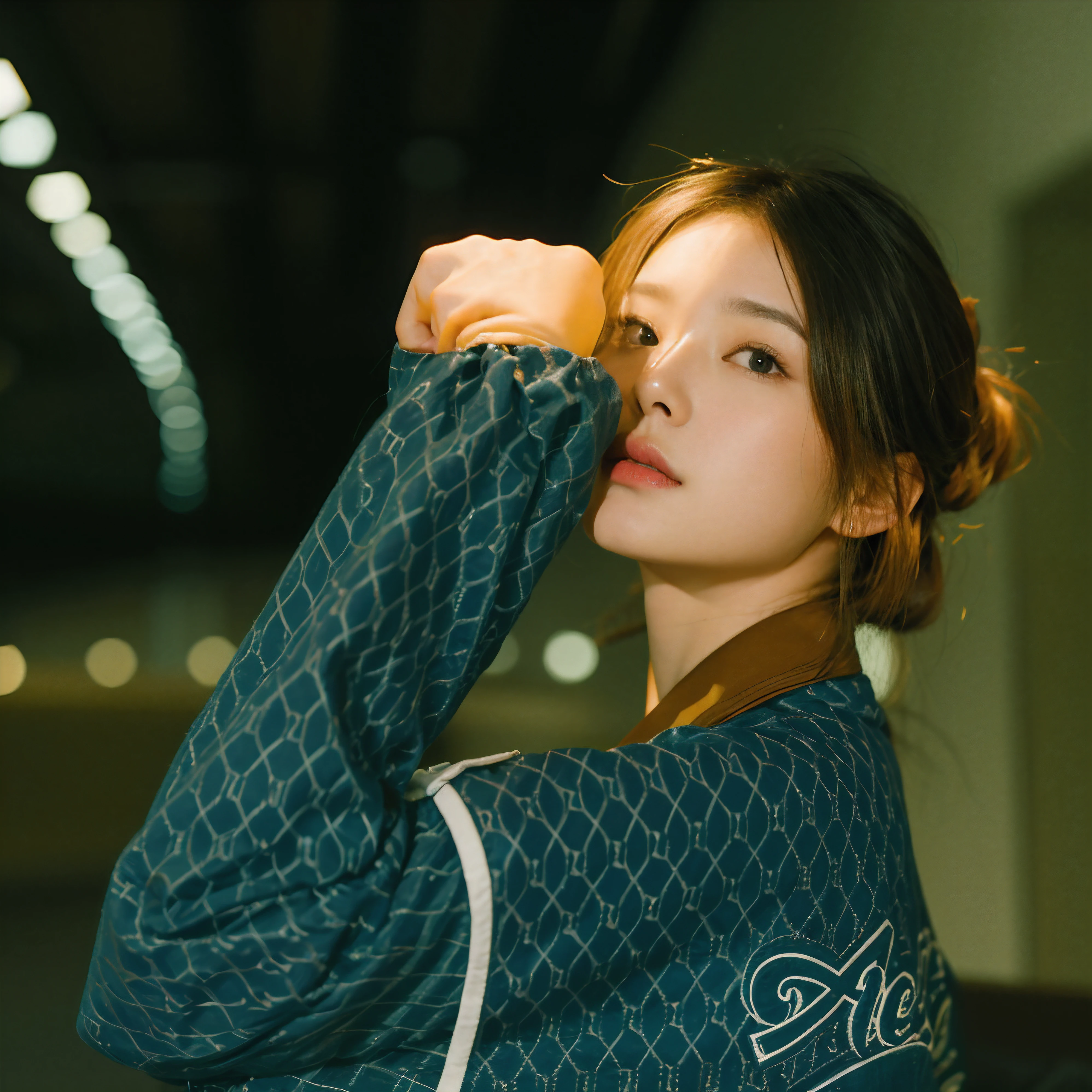 There was a woman in a brown jacket and a blue shirt, Soft portrait shot 8 K, bae suzy, Choi Hyun-hwa, close-up portrait film still, iu lee ji-eun as a super villain, close - up portrait shot, chiho, mid shot portrait, a close up portrait photo, lofi portrait, portrait soft low light，sideface，good eyes，Good nose，