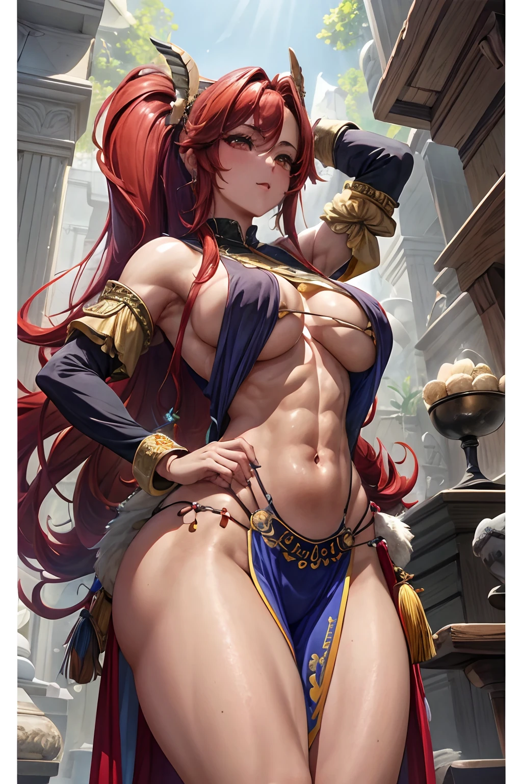 La mejor calidad, Obra maestra:1.2, Ultra detallado, realista:1.37, Altas Resoluciones, chica pelirroja, Ropa ligera y ajustada, tetas grandes, queen amazona