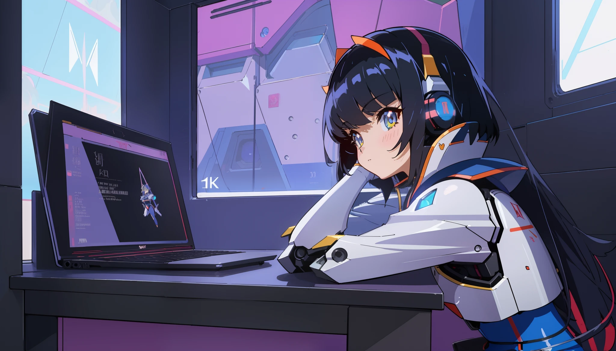 Menina anime sentada em uma mesa com fones de ouvido e um laptop, Estilo anime 4K, menina lofi, Estilo anime. 8k, ((Retrato de Lofi)), ((Elogio Artstyle)), anime vibes, Digital anime illustration, Anime Art Wallpaper 8K, Anime Art Wallpaper 4K, Anime Art Wallpaper 4K, 4k anime wallpapers, 4k anime wallpapers, ((Arte Lofi)), Anime character with futuristic armor and glowing eyes in a futuristic setting, android heroine, menina em mecha cyber armor, Arte Oficial, anime manga robot!! menina anime, (kill la kill illustration), arte oficial altamente detalhada, scarab reploid, ((anime robotic mixed with organic)),