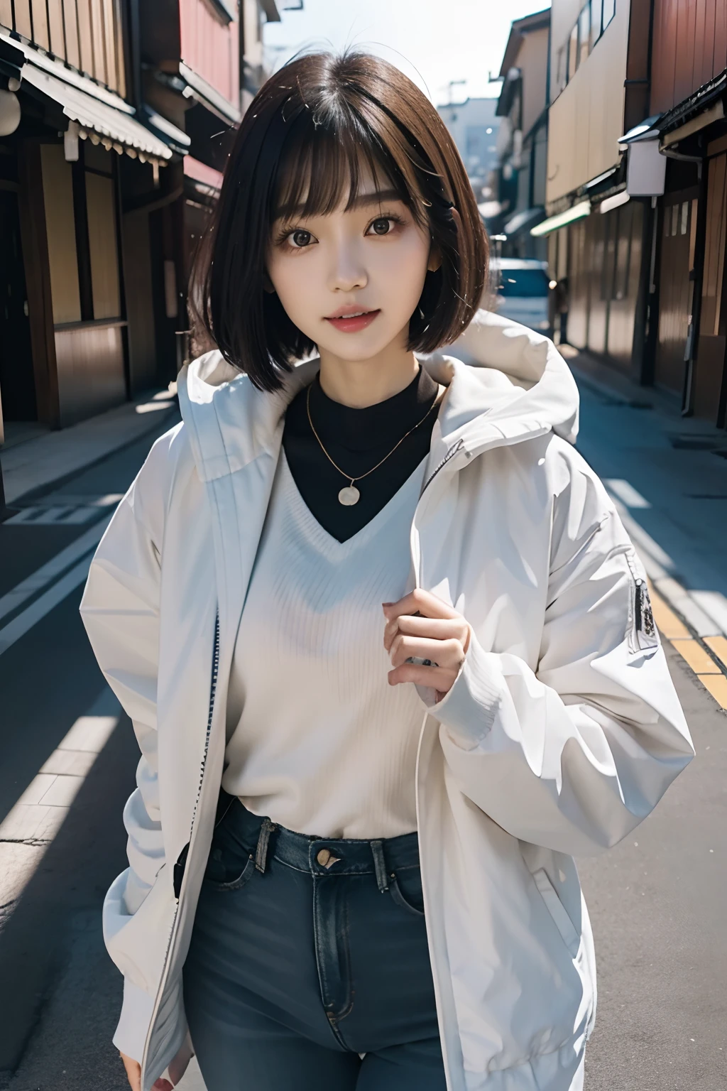 Japanese girl wearing white winter jacket and jeans, bob cut, pink lips, dark brown eyes, makeup