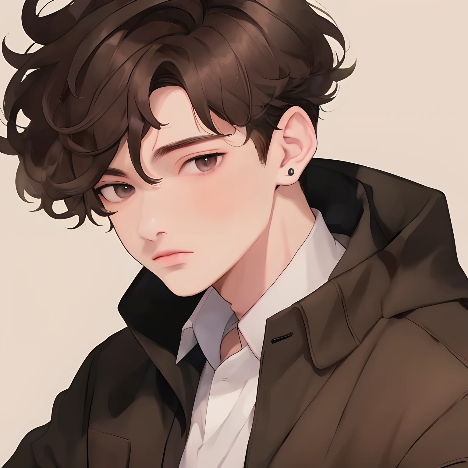 1 boy, curly and messy hair, dark brown hair, dark brown eyes, eyebrow-length hair, skin color in a slightly dark tone, almost white, with undercut haircut