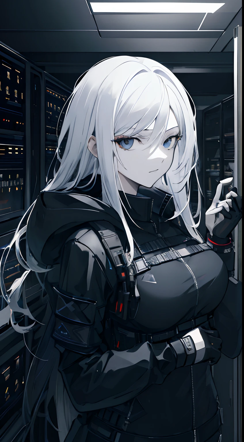 (absurdres, highres, ultra detailed), 1woman, mature female, aged up, wavy long hair, white hair, black eyes, bangs, long sleeves, finely detailed eyes and detailed face, extremely detailed CG unity 8k wallpaper, intricate details, portrait, looking at viewer, solo, (full body:0.6), detailed background, detailed face, (matrix theme:1.1) evil high-tech futuristic hacker,  advanced technology, hoodie, techwear, wearable device, keycard, cables, head-up display, blue (holographic display:1.05), access granted,   cybersecurity, server room in background, orange lights,  dark sinister atmosphere, , portrait, wind swirling