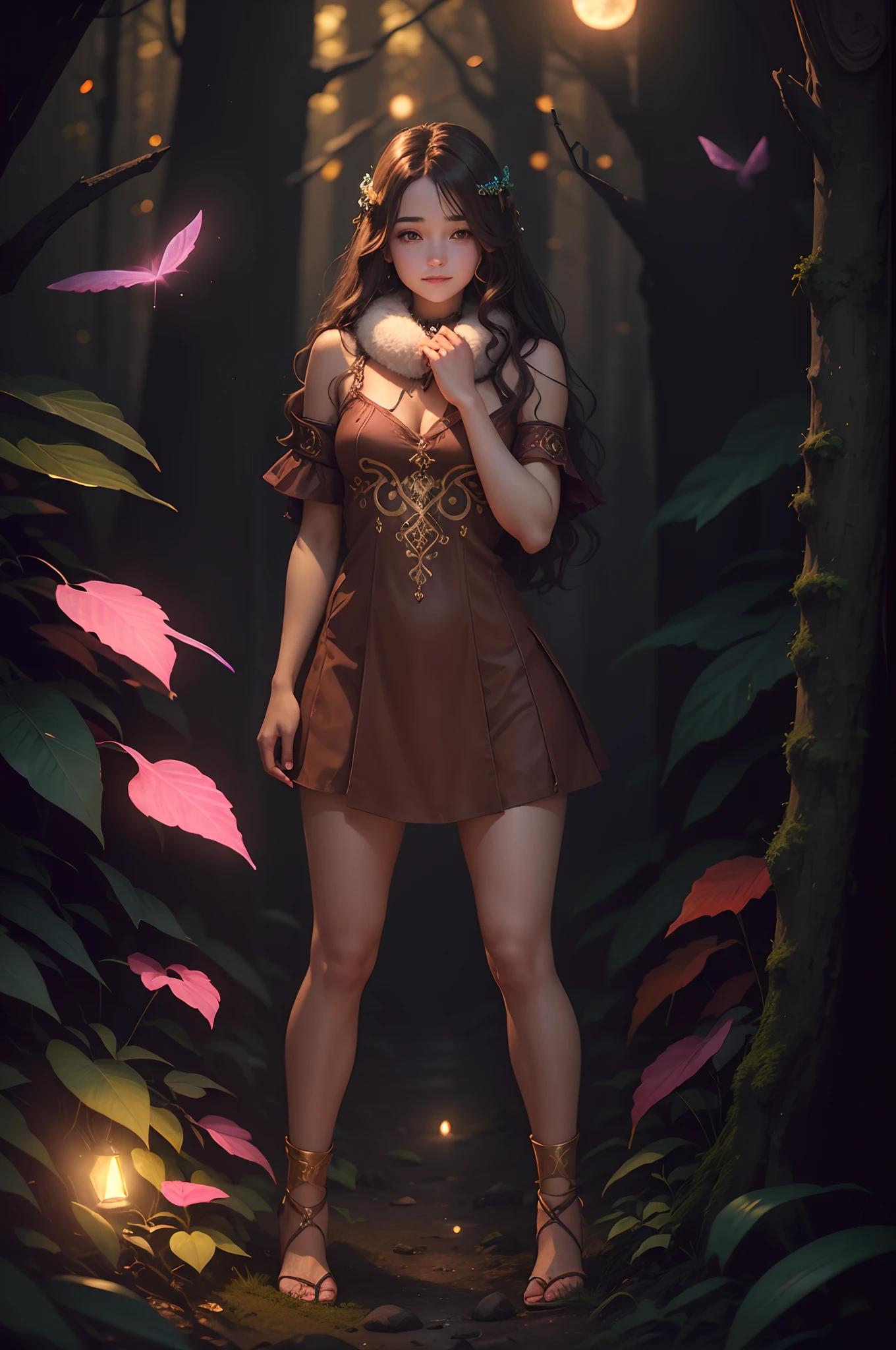 a mildly happy ((girl, forest girl, fur collar, woman)) loved Mulatto, her skin is a deep brown covered in many pink and light blue bioluminescent tattoos of rune and Nordic design, solid rich deep brown hair color, beautiful long full wavy brown hair with bioluminescent yellow gold and white highlights, very dark forest trail, wearing a glowing enchanted gemmed collar color with bioluminescent, bioluminescent, full moon-lit, iconography, hints of maroon color, ultra detailed, beautiful and aesthetic, High quality, beautiful, masterpiece, best quality, (zentangle, mandala, tangle, entangle :0.6), 24k resolution, photorealistic around the world just to say She had been mine for a day