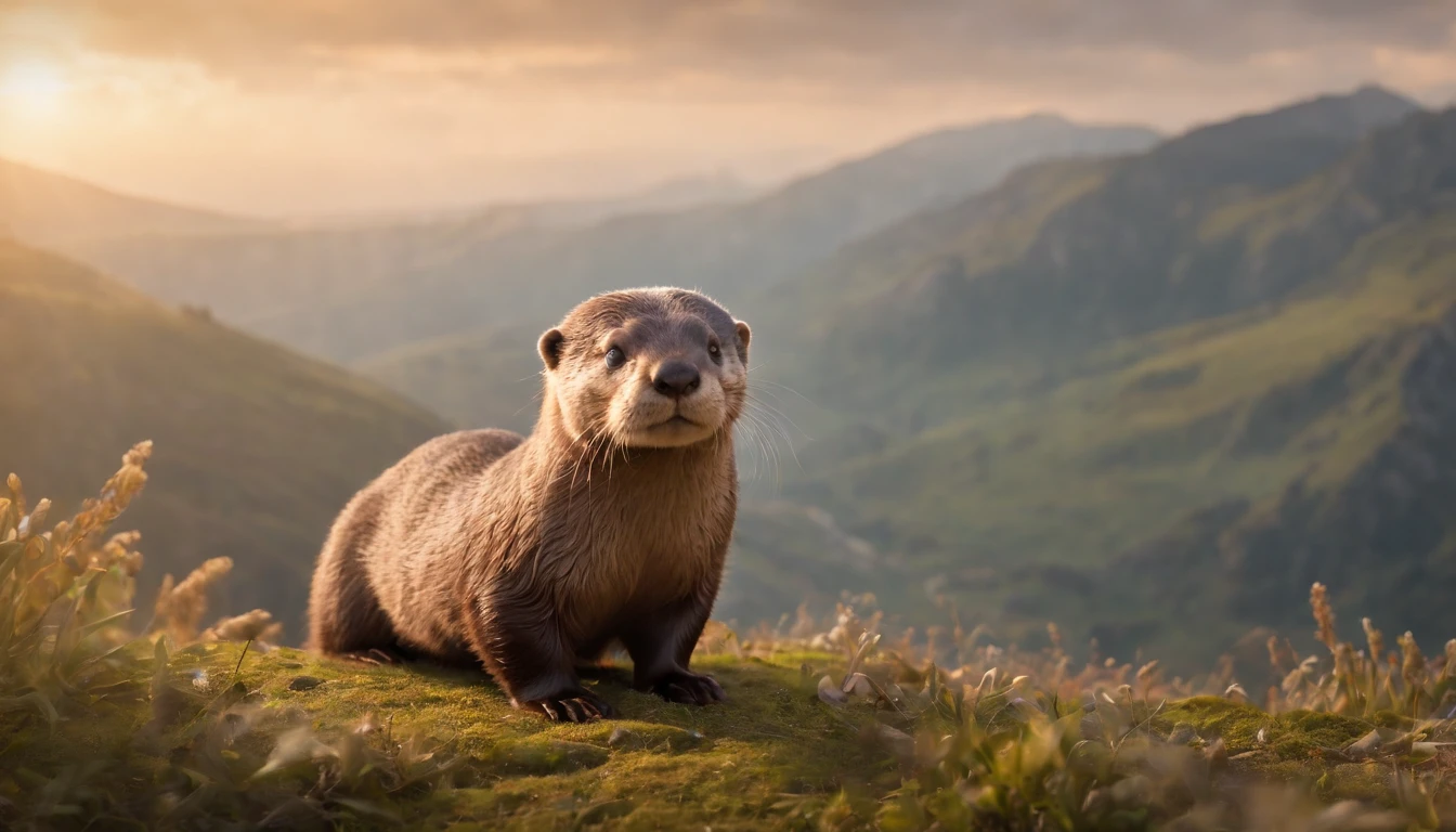 16k, massive details, ((complex details))) immense sky,field of a beautiful mountain scene with a cute otter, golden hour ,amazing sky,Level 15,rocky surface, (photorealistic), art (((Claude Lorrain))), J.R. Tolkien Type [sharp focus], (HDR), (8k), (gigapixel), (masterpiece)