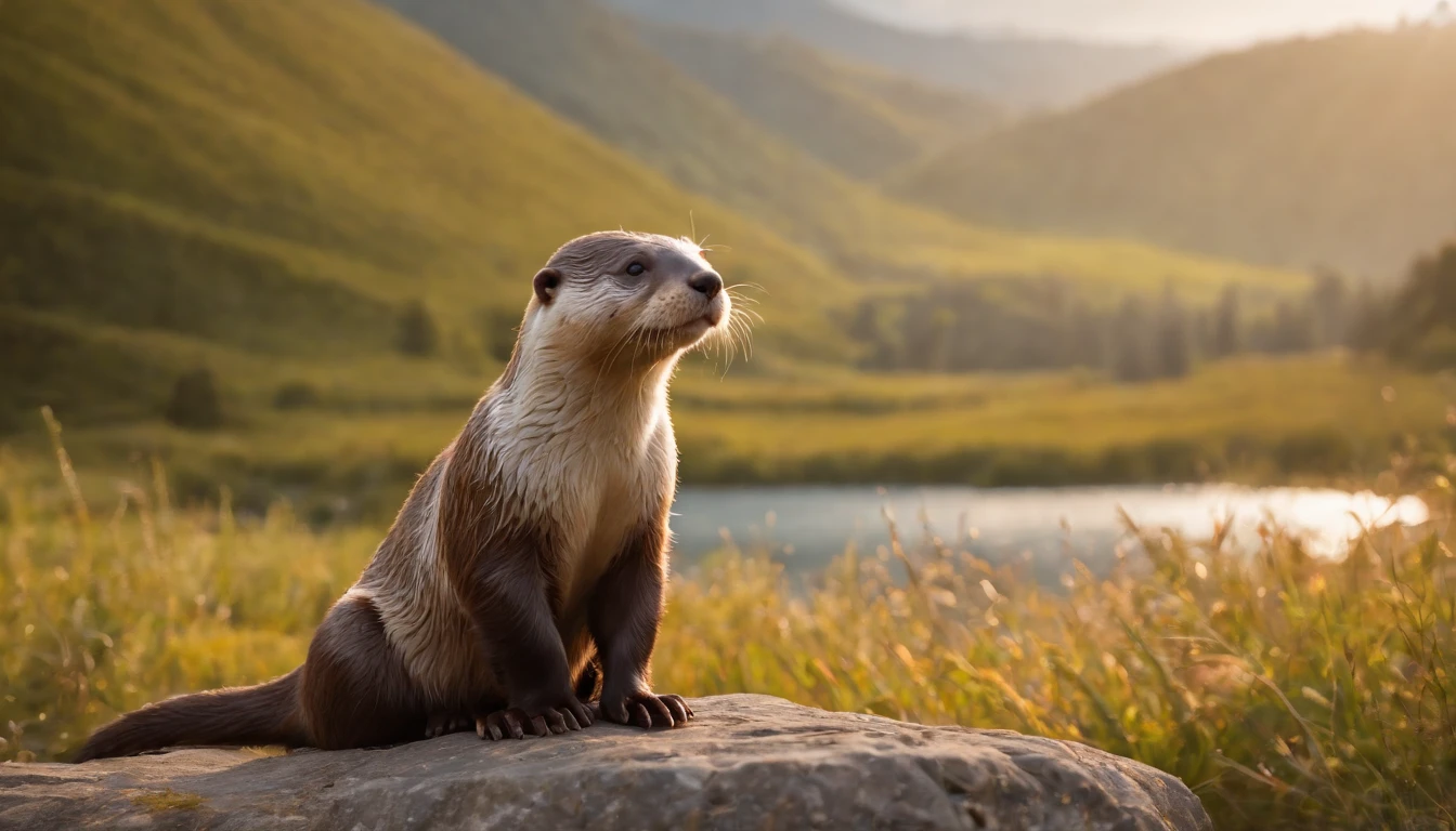 16k, massive details, ((complex details))) immense sky,field of a beautiful mountain scene with a cute otter, golden hour ,amazing sky,Level 15,rocky surface, (photorealistic), art (((Claude Lorrain))), J.R. Tolkien Type [sharp focus], (HDR), (8k), (gigapixel), (masterpiece)