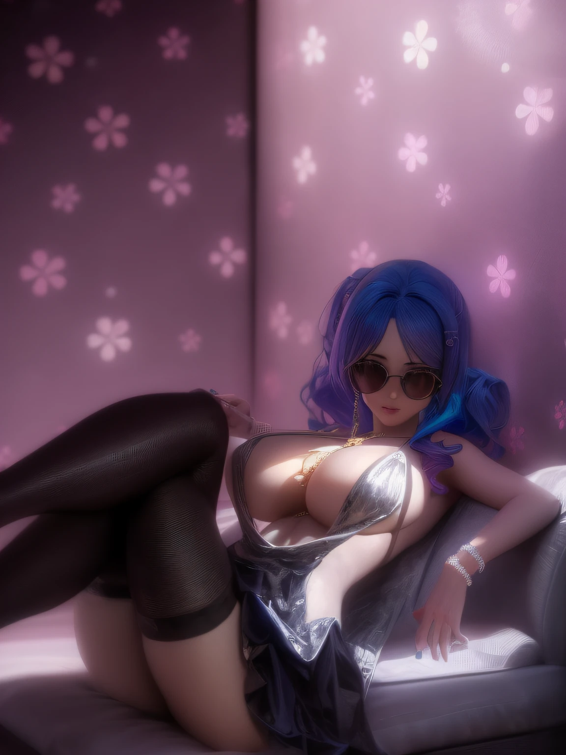 Anime girl with blue hair and sunglasses lying on a sofa, anime sedutora, Estilo Anime Ecchi,Estilo Ecchi, inspirado em Rei Kamoi, Vetor Anime sombreado, sombreamento estilo anime plano, Estilo de arte de anime, Estilo anime 2D, the anime girl is crouching, em estilo anime, Anime Waifu, wearing bikini,