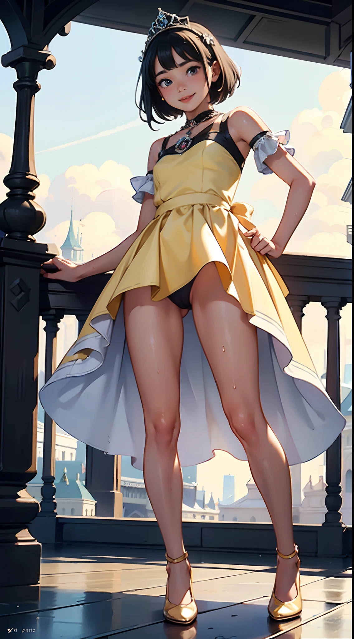 {{{masterpiece}}}, {{{best quality}}}, {{ultra detailed}}, {{an extremely delicate and beautiful}},(nsf), (Best quality, 8k, 32k, Masterpiece, UHD: 1.2), Beautiful girl photo, Top quality, Best quality, Realistic, Unity, Official art, (girl), (Best princess in the world: 1.5), (Dress up princess with many decorations: 1.5), (beautiful tiara :1.3),(smile:1.3),(sweaty skin:1.5),black hair,(very short hair:1.3),(on the palace balcony:1.3),(full body: 1.2),(mini skirt lift by myself: 1.7), (mini skirt), (very short yellow dress) (photo in panties), (without panties: 1.3), (summer panorama: 1.5), (from below: 1, 5), (view from below: 1.5)