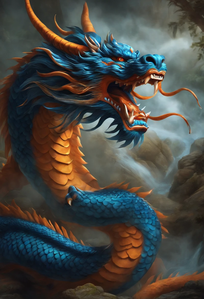 Panorama,A dragon and tiger combination creature in the water(best quality,4K,8k,High level,masterpiece:1.2),Ultra Detailed,(lifelike,Photo real,Photo real:1.37),Highly detailed animals,Complex patterns,Realistic lighting,Fantasy Creatures