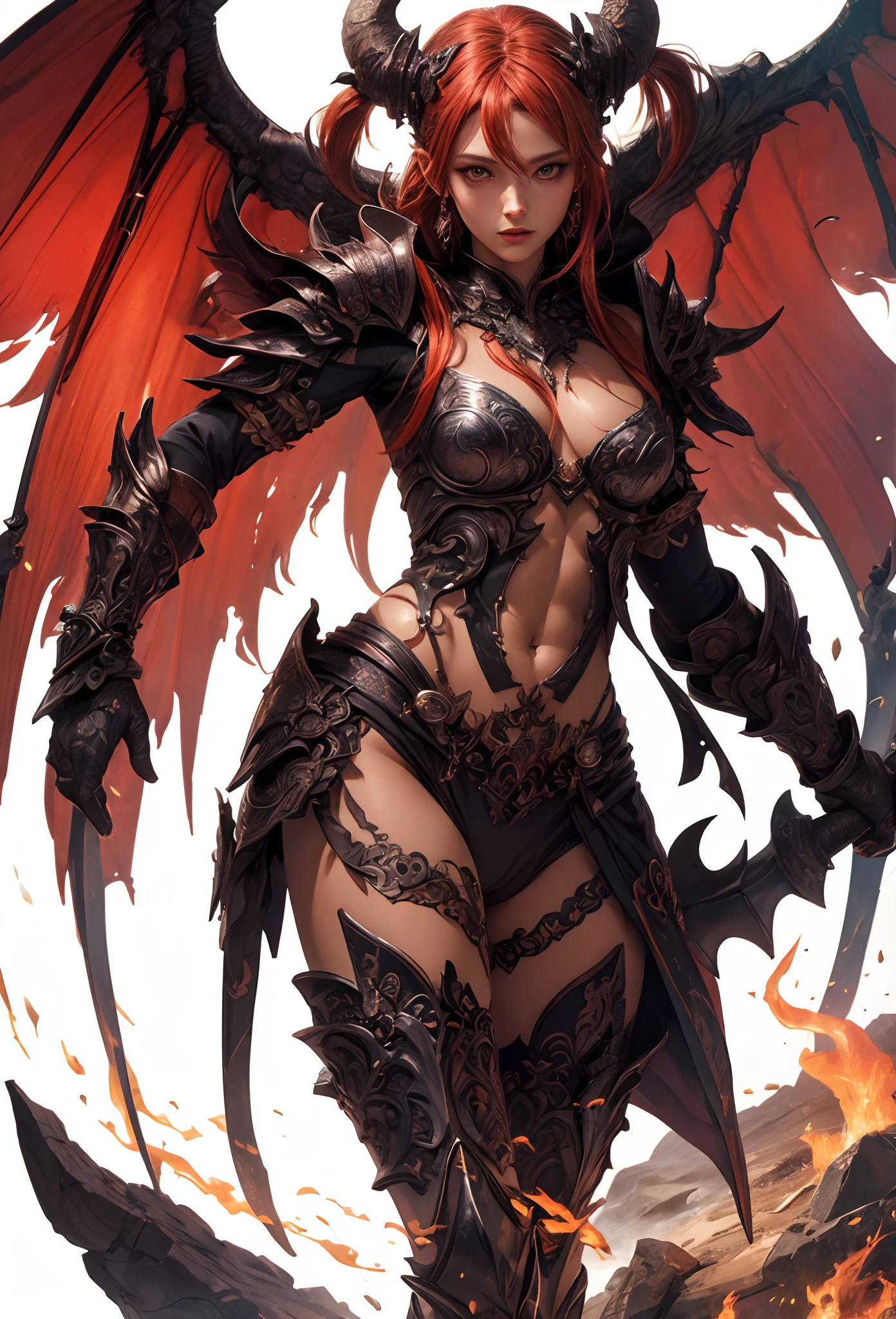 (Detailed illustrations,Very detailed and detailed drawing,Delicate lines with slow and rapid,Realistic texture expression),[Color tressed main line],[Lava cave background [Hot hell:0.4]],HENAI ANIME (Red-skinned DemonGirl 19 years old slender muscular) Flame hair (Devil's Knight:0.8),(Bone armor [crack in the chest:0.6] [Blade of Fresh Blood:0.4]) (edg),[[Dark Fantasy]],(Intricate and beautiful decoration [Dense detail]),(Fine and beautiful skin expression [Transparency]),[Perfect eye details (Iris beautifully drawn in every detail)[Jewel-like eyes]],[long and beautiful eyelashes],[Meticulously drawn hair [More on beautiful and shiny hair]],(Perfect hand details [Beautiful fingers without breakdowns [Beautiful nails]]),(Perfect Anatomy (Perfectly proportioned)) [[Full body like]],[Ideal color coordination(Accurate simulation of light-material interactions)],(HighQuality,[Precision Detail] hight resolution,(detaileds,high-detail)),[Visual art that conveys a sense of narrative].