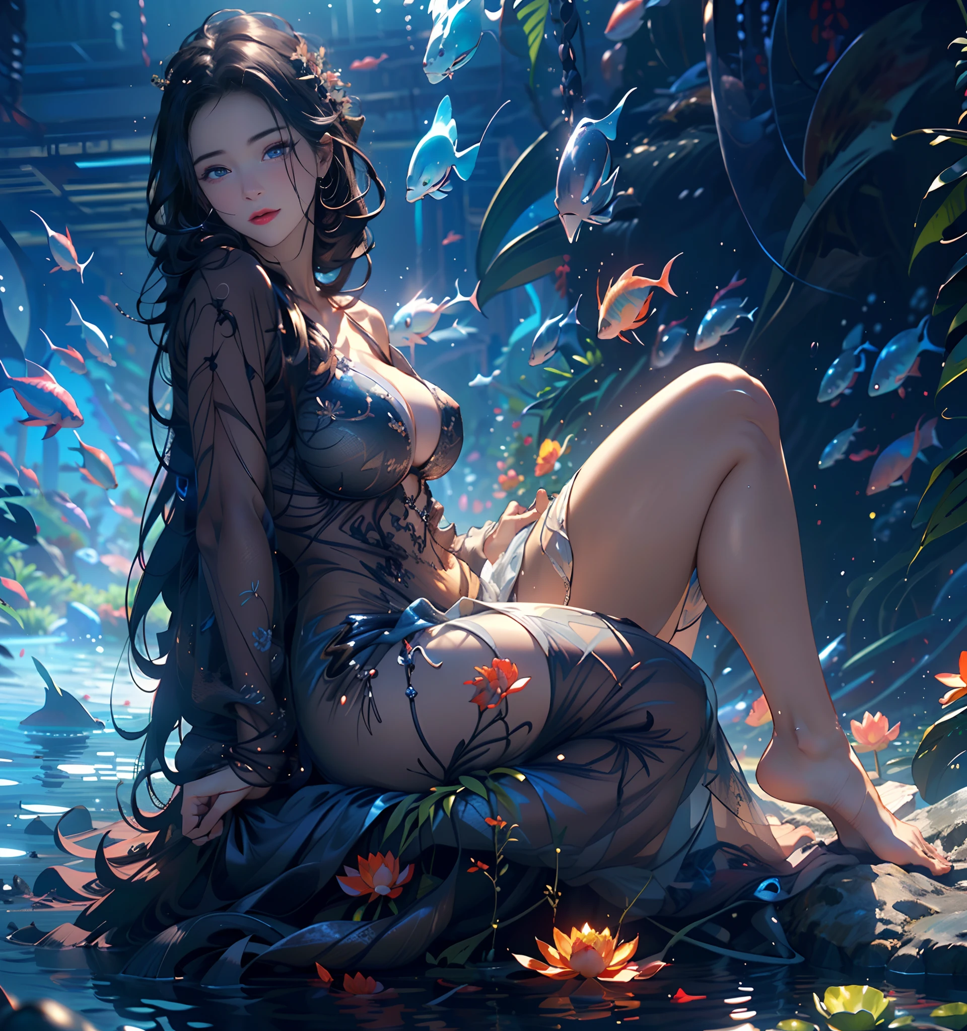 Underwater world Atlantis,abyssal,Epic reality,(hdr: 1.4),1female,45 yers old,Married Woman,熟妇,extremely large bosom, 独奏,(Background with:webs,deep sea creatures,The corals,lotus flower) with his long black hair,Side Body,((sitting sideways)),is sitting on a rock,Sit on your knees,Elongated eyes,Charming eyes,Gentle eyes,Bright pupils,Black eyes,Snow-whiteskin,Redlip(Very fine and beautiful),(((tmasterpiece),(Very detailed CG unity 8K wallpaper),best qualtiy,cinmatic lighting,detailed back ground,beatiful detailed eyes,(Beautiful and detailed eye description),ultra - detailed))facing at camera,A high resolution,ultra - detailed),revealing breasts,Bare genitalia, Bulge,legs are open,Sexy gesture,Camel toes,Desire for dissatisfaction,(Wearing:see-through raincoat,Bare ,)Barefoot,without wearing shoes,Deep in the ocean,Desire for dissatisfaction,seen from the front,(Correct anatomy 1.41),