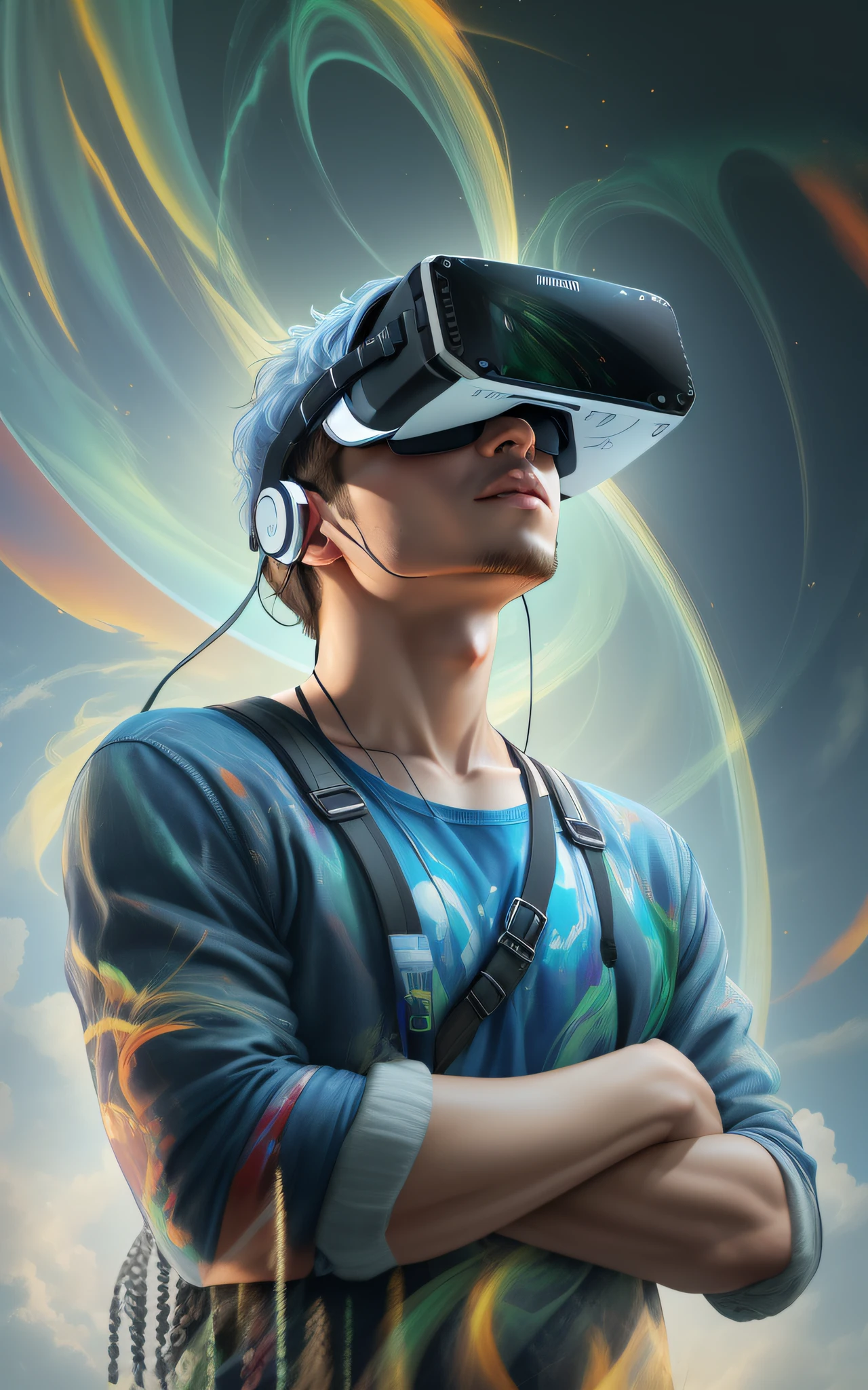 pintura de um homem usando um fone de ouvido de realidade virtual, 3 d ar vr artes, Deeper into the agribusiness metaverse let's go, Arte Digital 4K, 3d Arte Digital 4K, Arte Digital 4K, Arte Digital 4K, Pintura Digital 4K, Realidade virtual, sketch of oculus rift, Arte digital detalhada em 4k, Arte Digital Widescreen 8K, realidade digital