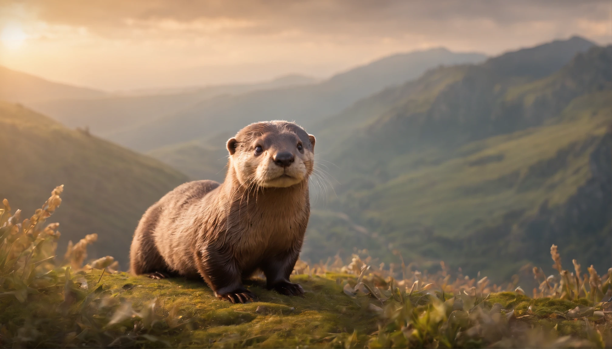 16k, massive details, ((complex details))) immense sky,field of a beautiful mountain scene with a cute otter, golden hour ,amazing sky,Level 15,rocky surface, (photorealistic), art (((Claude Lorrain))), J.R. Tolkien Type [sharp focus], (HDR), (8k), (gigapixel), (masterpiece)