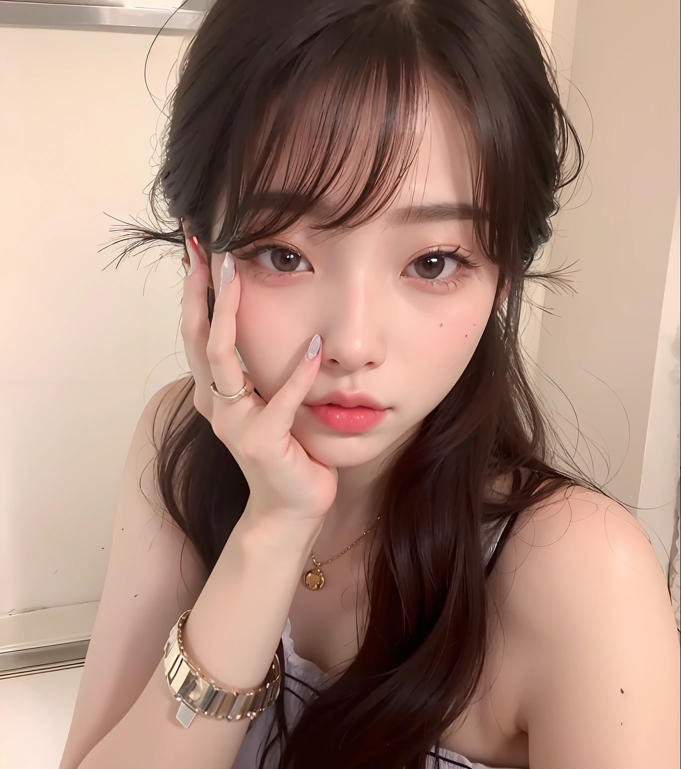 Un primer plano de una mujer con un anillo en el dedo, ulzzang, 8k selfie photograph, Joven y adorable rostro coreano, with cute doting eyes, Jinyoung Shin, Wan adorable cara coreana, Jaeyeon Nam, Cara delicada y encantadora, Hermosa joven coreana, 19 year old girl, con cara linda - fina -, pale milky white porcelain skin