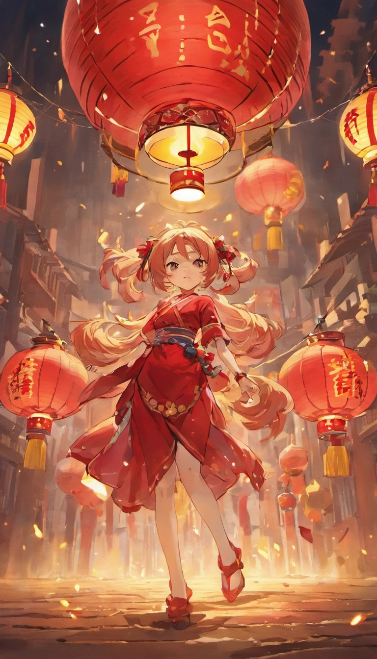 Mid-Autumn Festival,celebrating,A series of red lanterns,Plays drums,Festive atmosphere,Clear detail,No Man